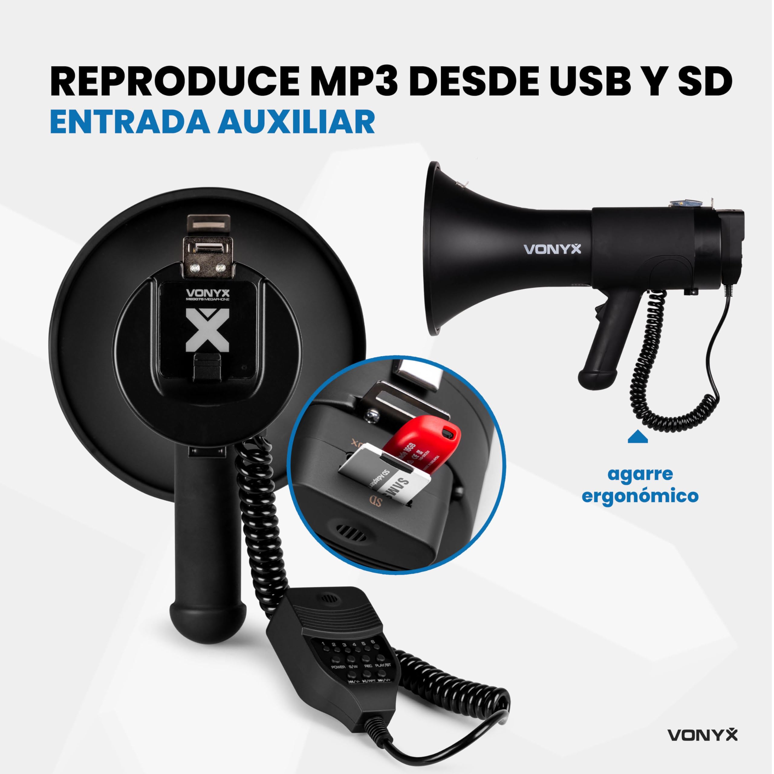 Vonyx MEG075 Megáfono Bluetooth Portátil 75W, Reproductor MP3, Batería Recargable, Negro