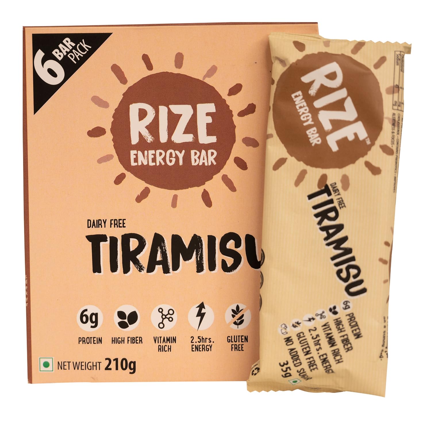 RIZE Energy Bar | Caffeinated Energy Bar with 6gm High Protein | Sugar Free and Healthy Snacks for Men & Women | High Fiber, Gluten Free Protein Bars, Zero Added Sugar | Pre and Post Work Out Protein Bar (Tiramisu- Pack of 6 Bar)