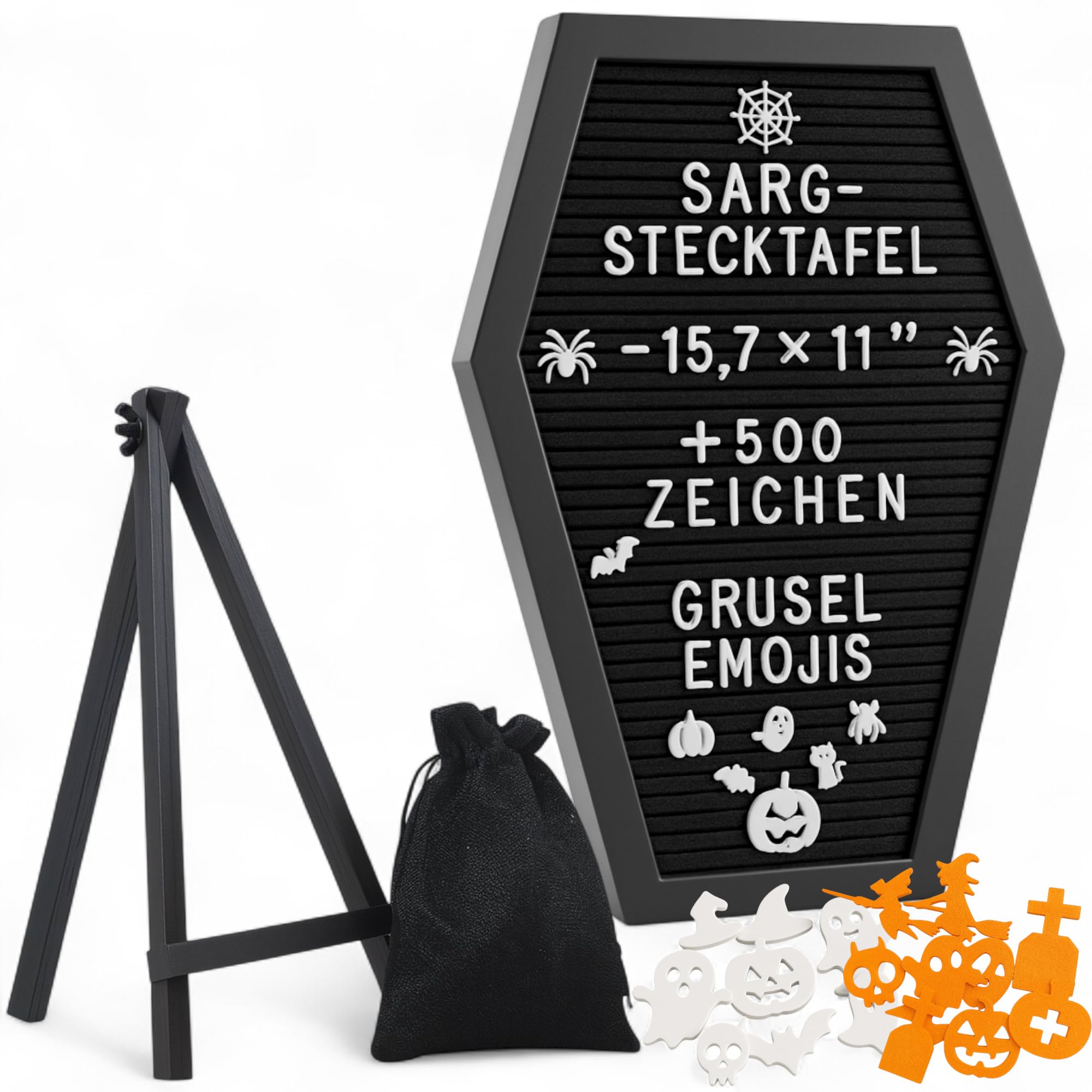 MIJOMA Sarg Stecktafel Buchstabentafel mit über 500 Zeichen, gruseligen Emojis und Holzständer - 40x28.5 cm - Gothik Letterboard Halloween-Deko, gruseliges Halloweengeschenk (Schwarz)