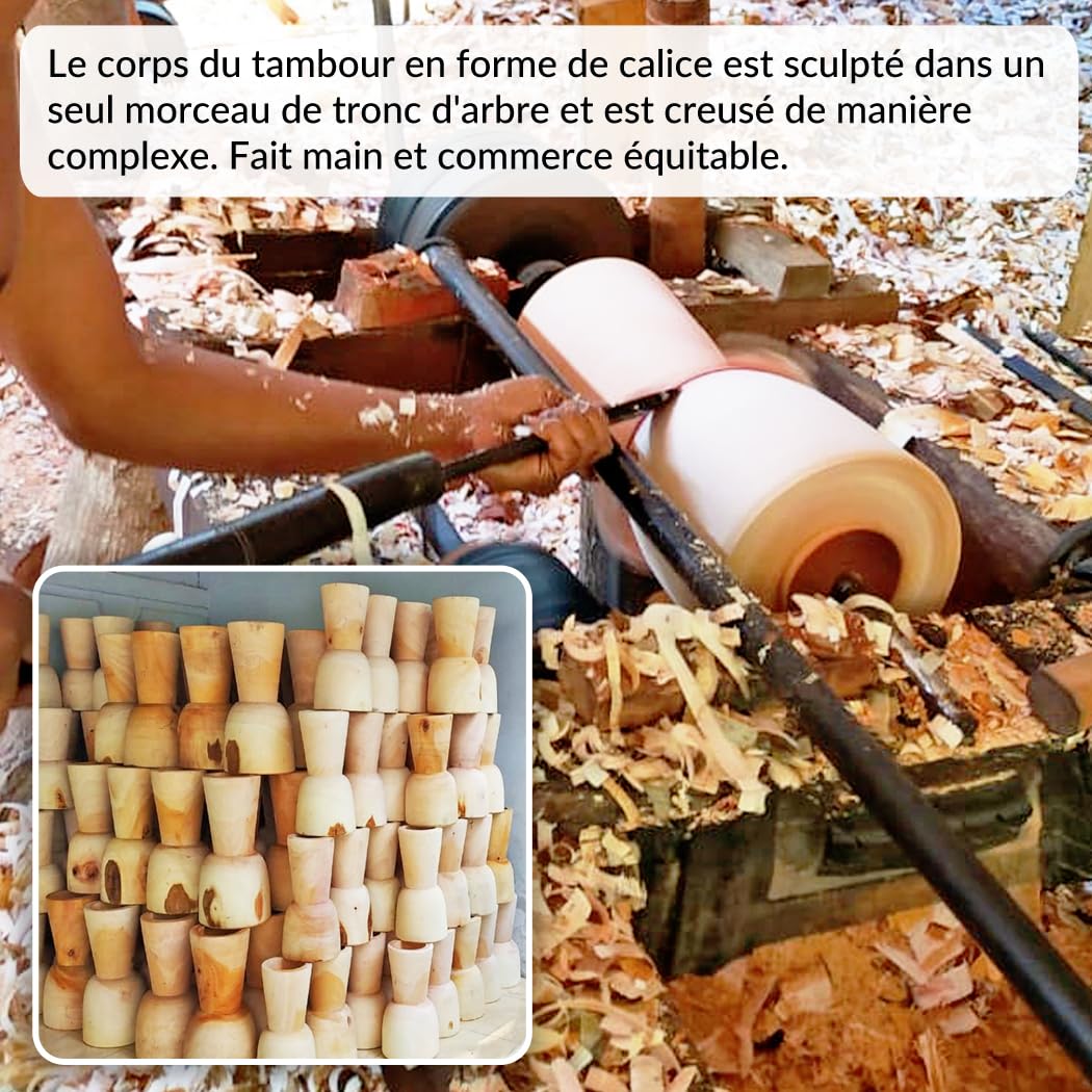 Djembe in Legno 60 cm – Tamburo Africano Artigianale con Pelle di Capra – Strumento di Percussione Bongo – Suono Forte e Chiaro