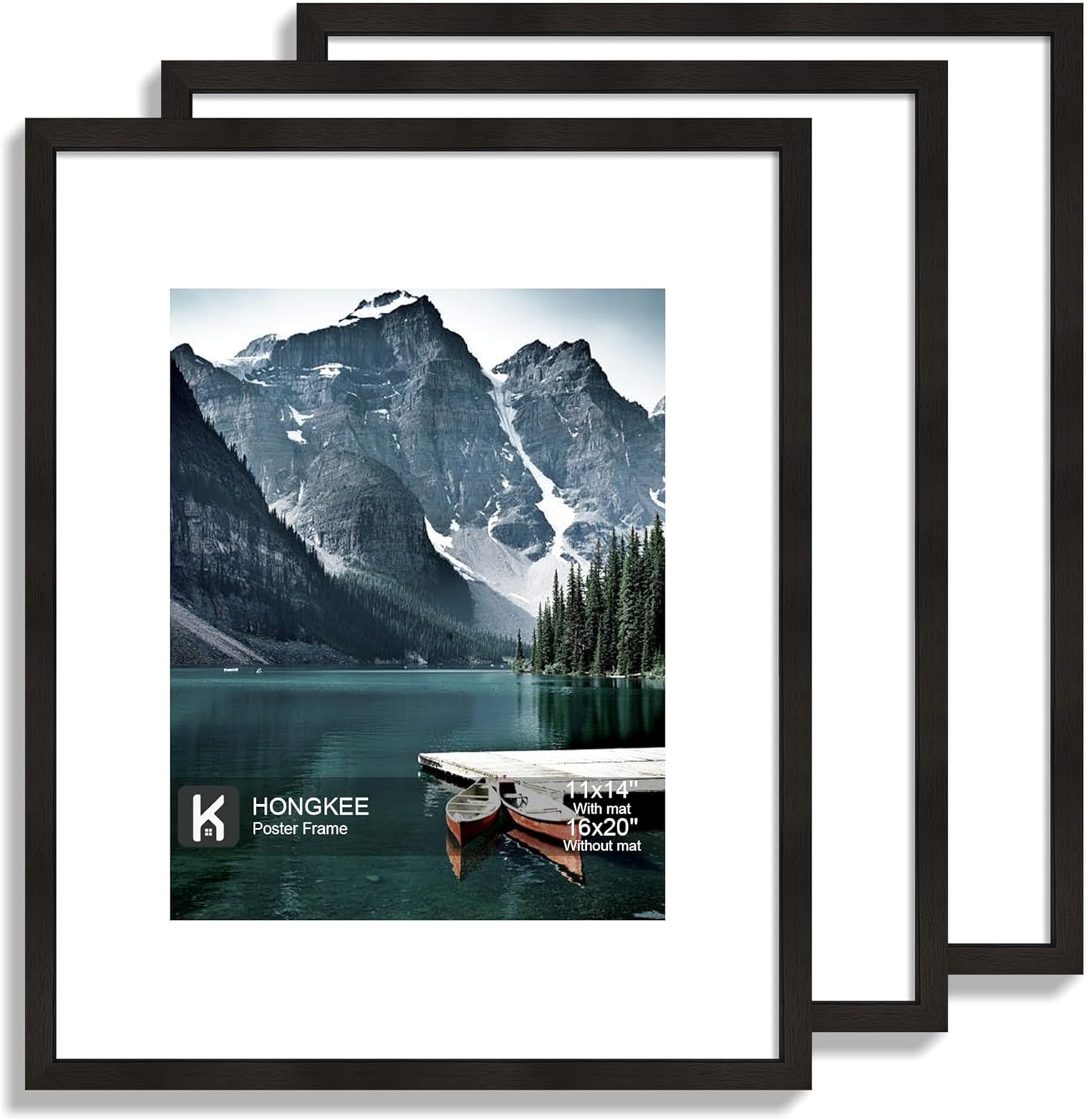 16x20 Frames Set of 3 - Display 11x14 Photo with Mat or 16 x 20 Poster without Mat, Wall Mounting Horizontal and Vertical, Black Black 16x20 in