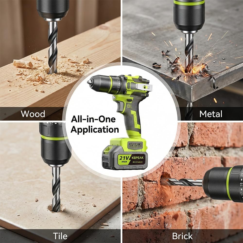 KEPEAK Power Drill Set, Cordless Drill with Battery and Charger, Brushless Motor, Variable 2-Speed, 492 In-Lbs, 21+1 Clutch, 3/8-Inch Keyless Chuck, Impact Driver Kit for Brick Wall, Metal, Wood