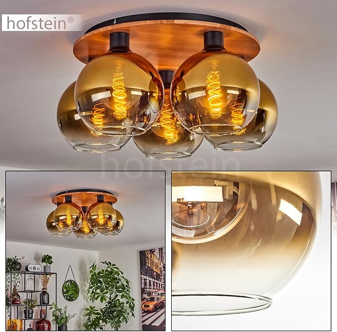 hofstein Plafondlamp Koyoto, plafondlamp van metaal/hout/glas in zwart/natuur/goudkleurig/helder, lamp in retro/vintage design met kappen van glas (Ø 20 cm), 5 x E27, zonder lamp photo 2