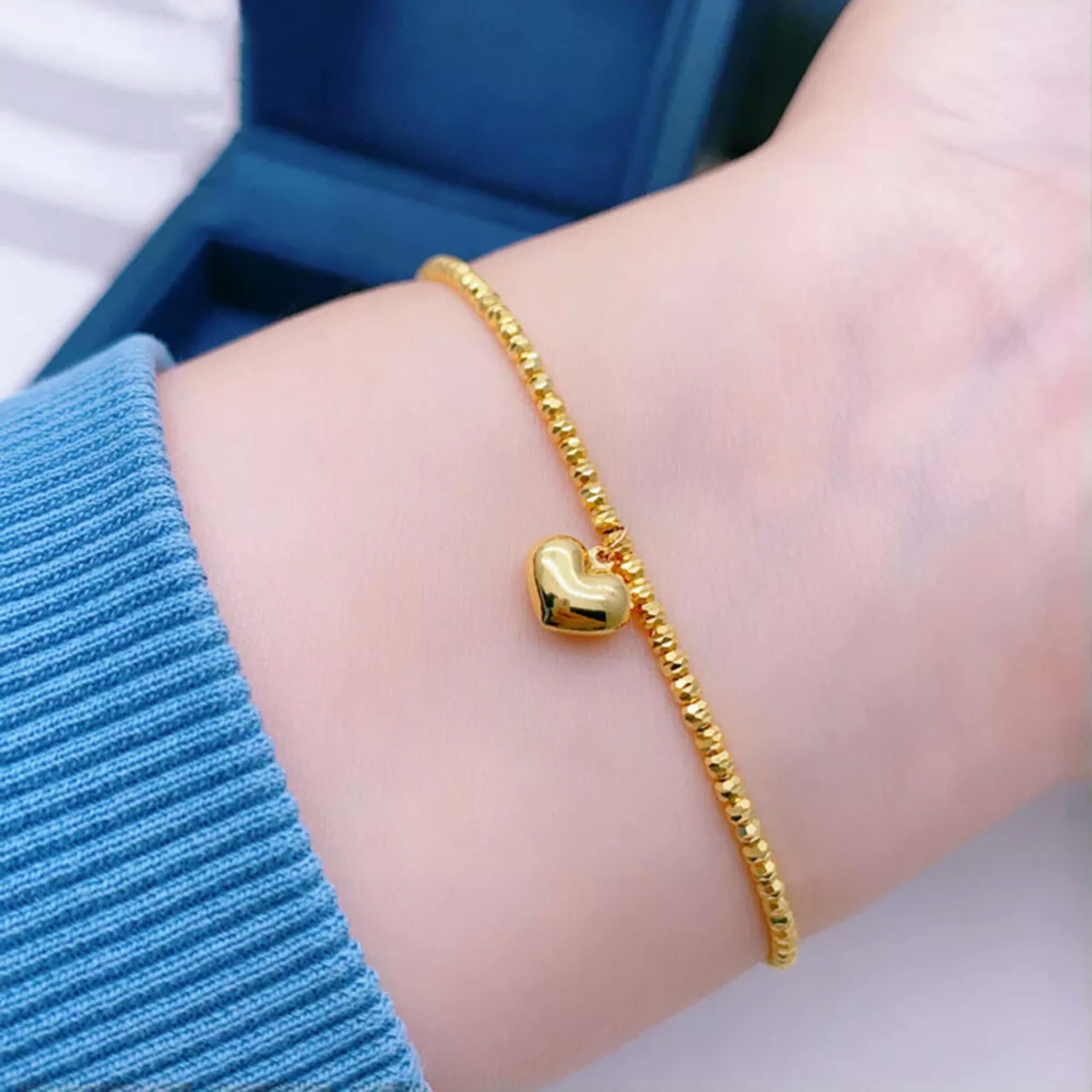 Pulsera de Cadena de eslabones con Dije de corazón y Cuentas de 1,8 mm de Ancho en Oro Amarillo Real de 18 Quilates