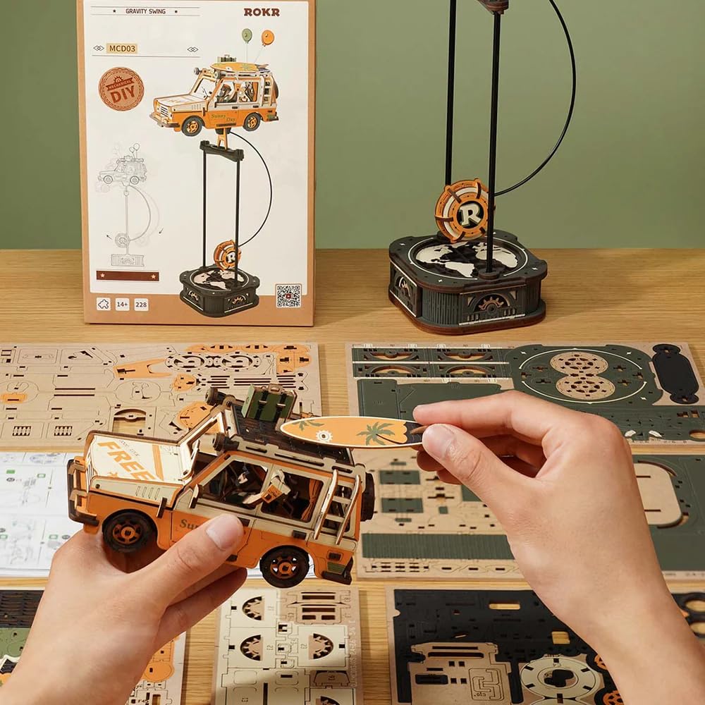 ROKR Puzzle 3D samochód retro zbudowany drewniany model, huśtawki grawitacyjne dekoracja biurka, prezenty dla dzieci i dorosłych, Road Tripper, MCD03