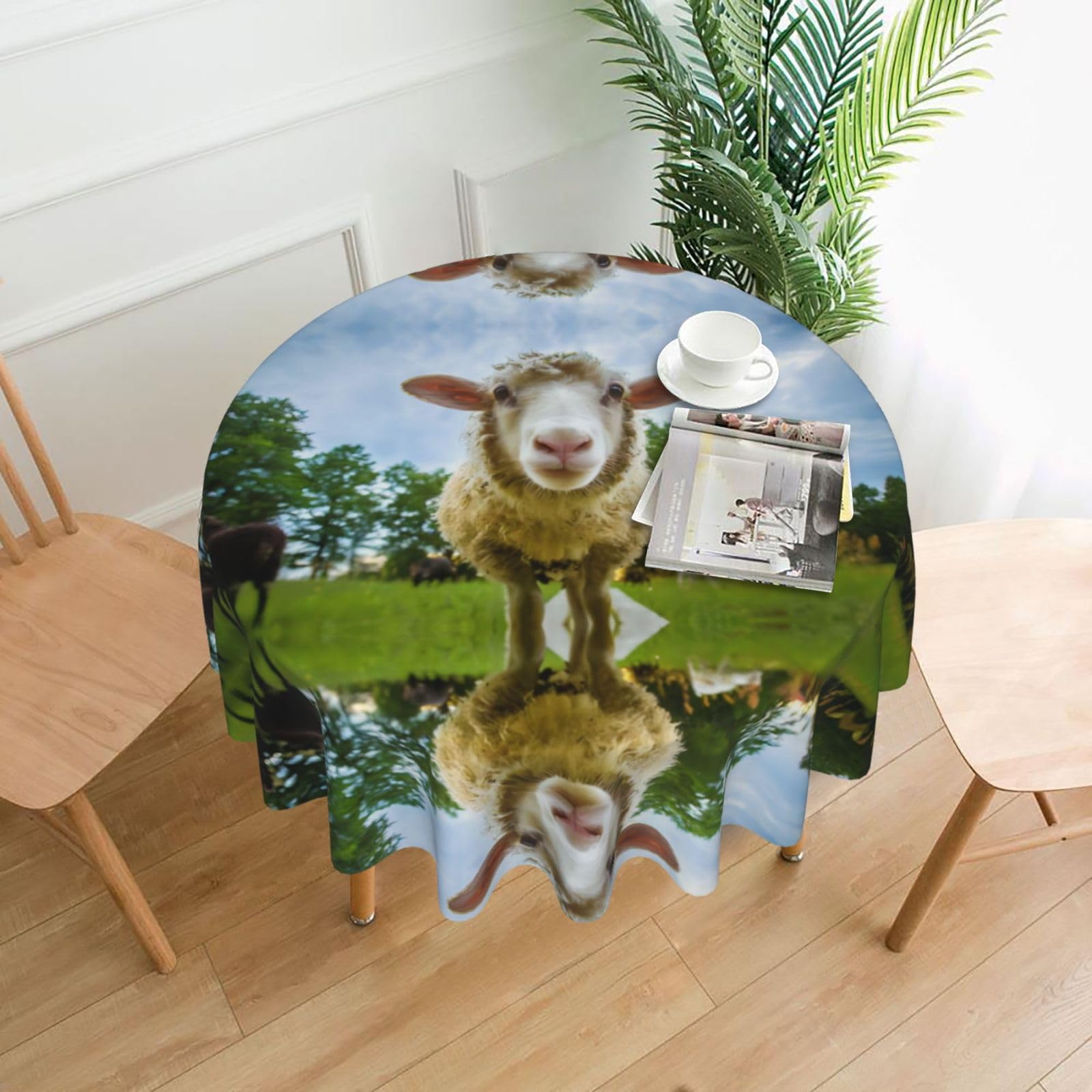 WHJSSF Sheep Looking Camera Prints Round Decorative Table Throw 60 Inch – Waterproof Table Cover for Dining, Coffee Tables, and Outdoor Events