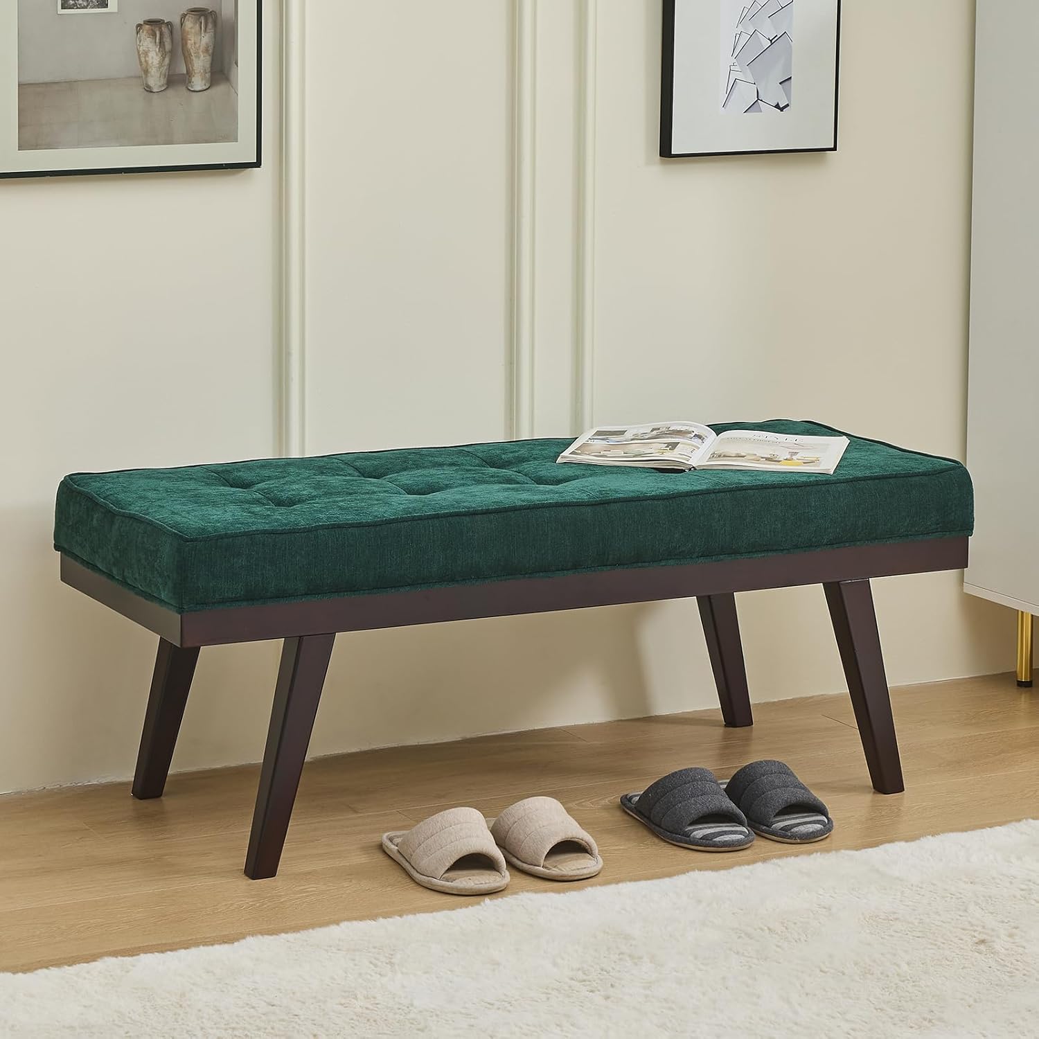 OAKVIVO 47.2" Green Chenille Entryway Bench - Tufted Padded Ottoman with Rubber Wood Legs for Bedroom, Living Room