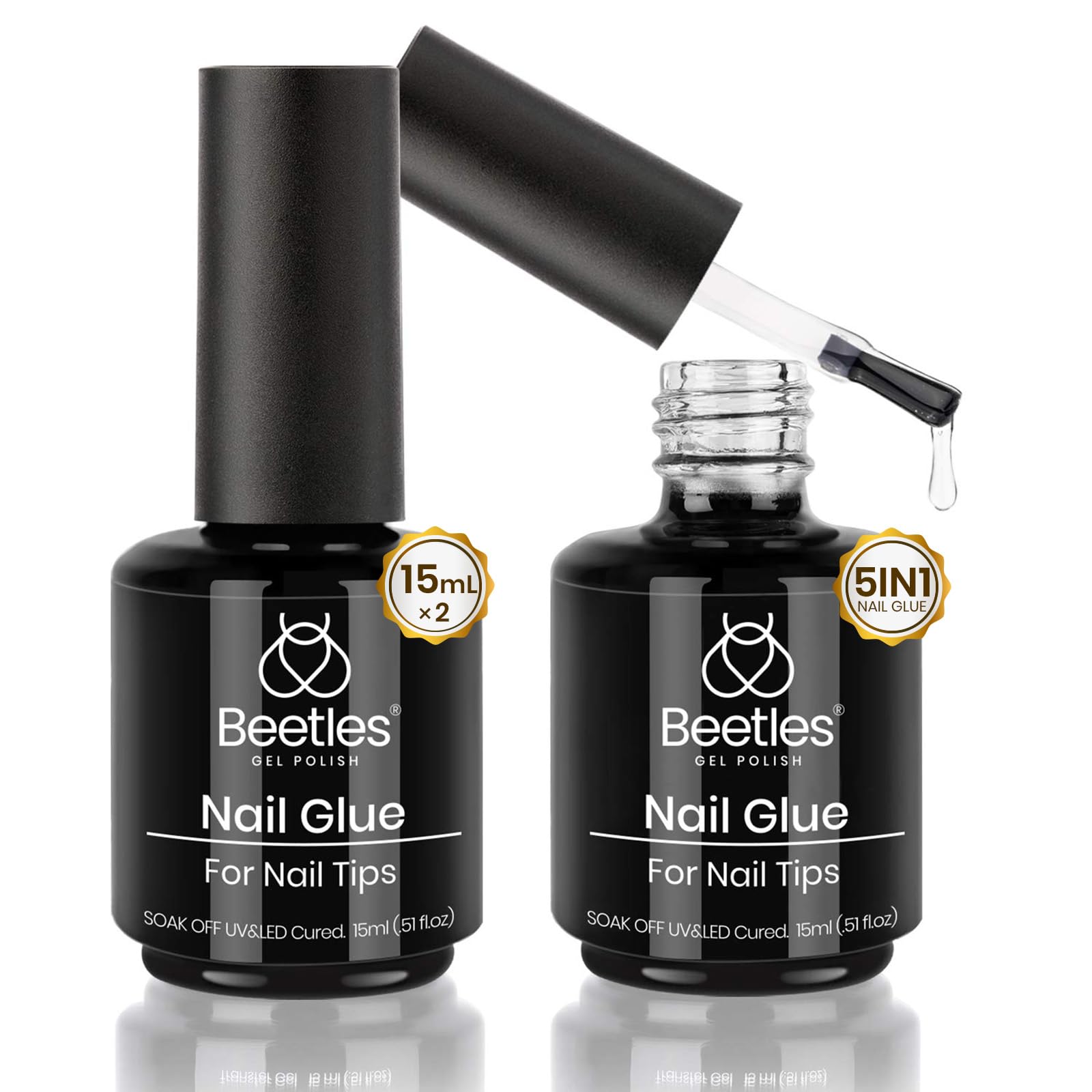 beetles Gel Polish 2Pcs 15ml Nail Glue Kit for Acrylic Nails, 5 in 1 Super Strong Brush in Nail Gel Glue for False Nails Tips and Gel Nail Polish Led Lamp Required