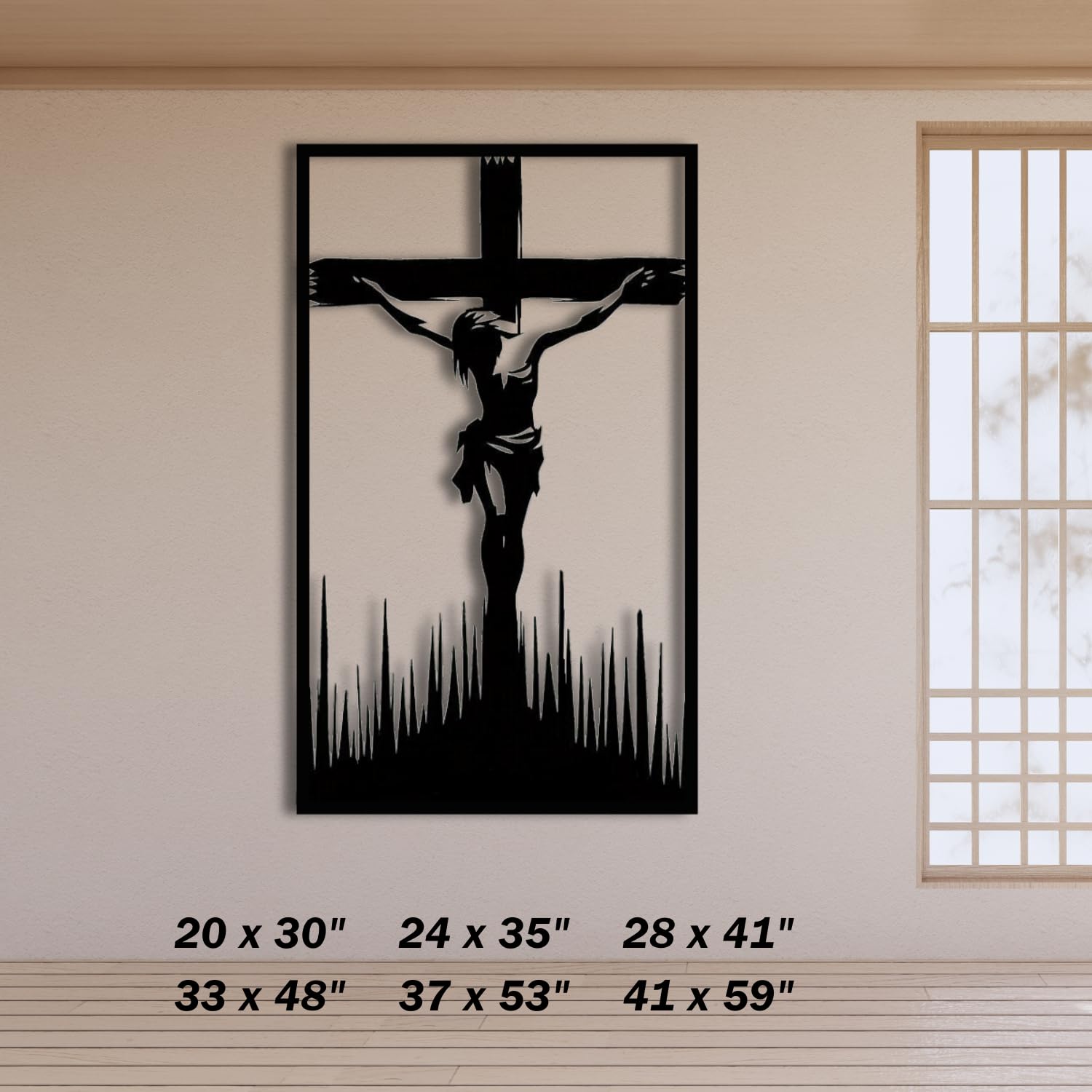 Nowoczesna minimalistyczna sztuka metalowa dekoracja ścienna krzyż Jezus krzyże religijne kościół dom fice chrzest czarny (71 cm x 104.1 cm / 71 104 cm)