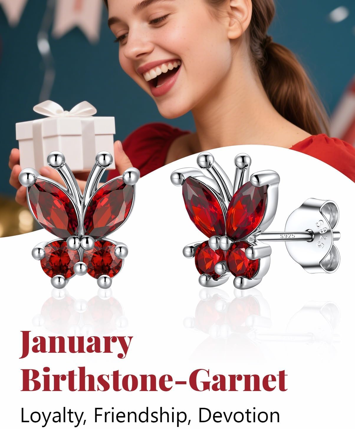 Silvora Birthstone Earrings for Women, 925 Sterling Silver Butterfly Stud, Small Butterfly Earrings Birthstone Jewelry - Image 6