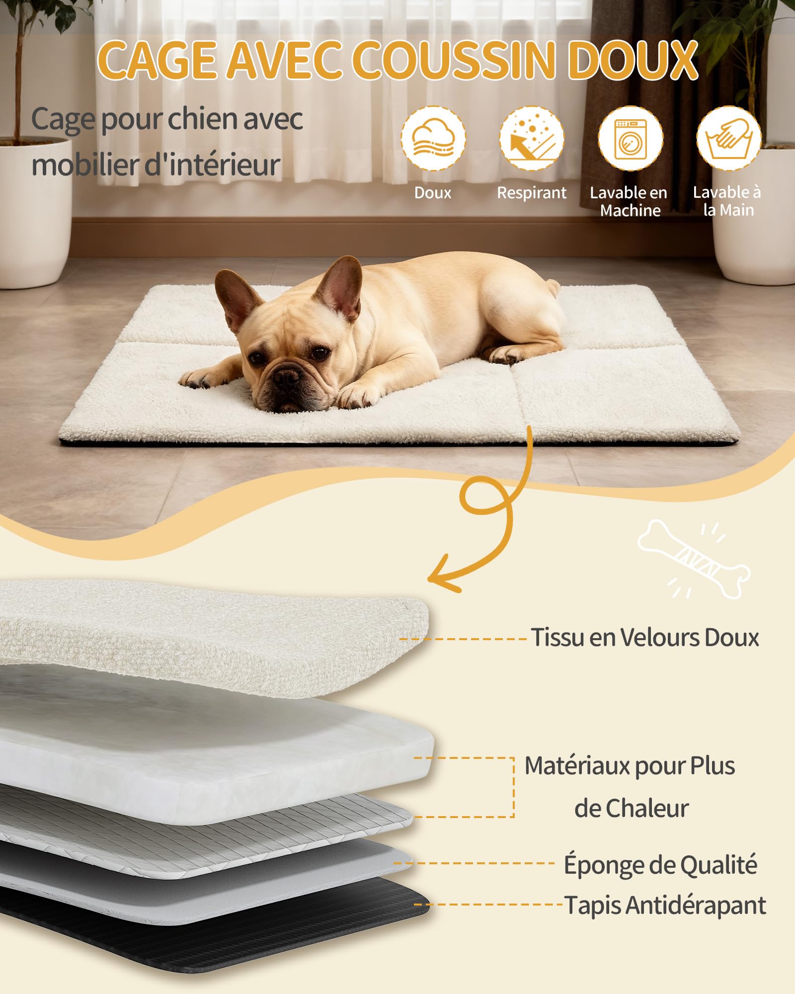Hzuaneri Cage pour Chien Meuble, Cage D'intérieur avec Coussin, Modèle à Trois Portes, Table D'appoint en Bois, Convient aux Chiens de Petite et Moyenne Taille, 80 x 55 x 61,5 cm, Blanc DFC87713W