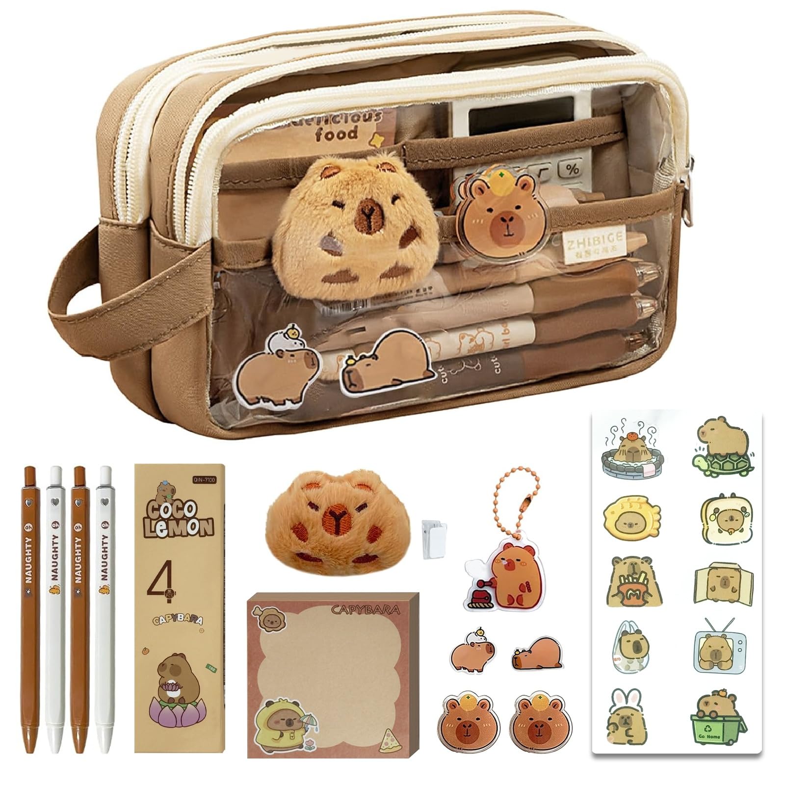 Trousse Capybara Ensemble Papeterie avec Stylo Autocollants Pins Porte-clés Blocs-Notes Grande Capacité Cadeau Fille Garçon