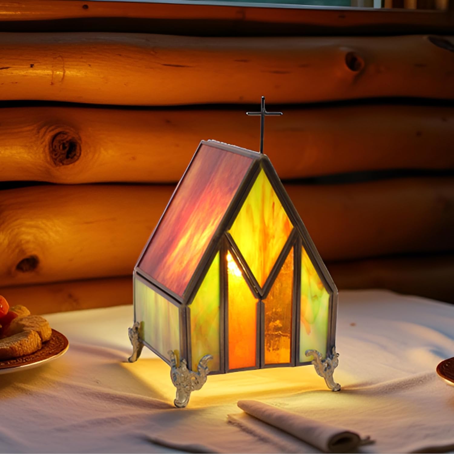 Small Tiffany Stained Glass Style Mini Lighthouse Table Lamp, Retro Decorative Lamp, Suitable for Bedroom Office Home Decoration 4.2X 4.2 x 7(Red Green)