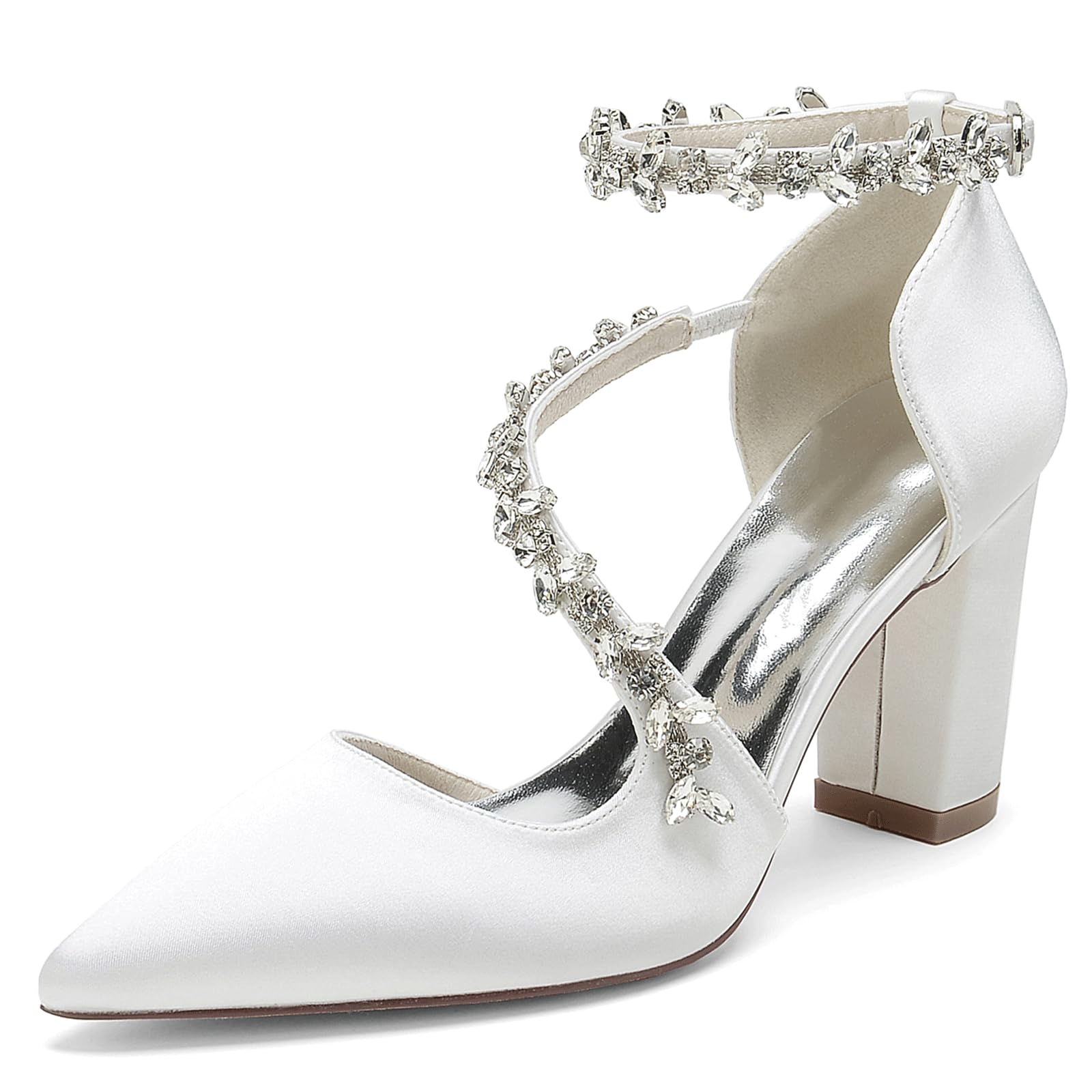 FGRID Scarpe da Sposa Donna con Tacco Alto a Blocchi per la Sposa, Punta Chiusa in Raso Strass Cinturino alla Caviglia décolleté per Feste da Sera Sandali Damigella d'Onore,Bianca,37