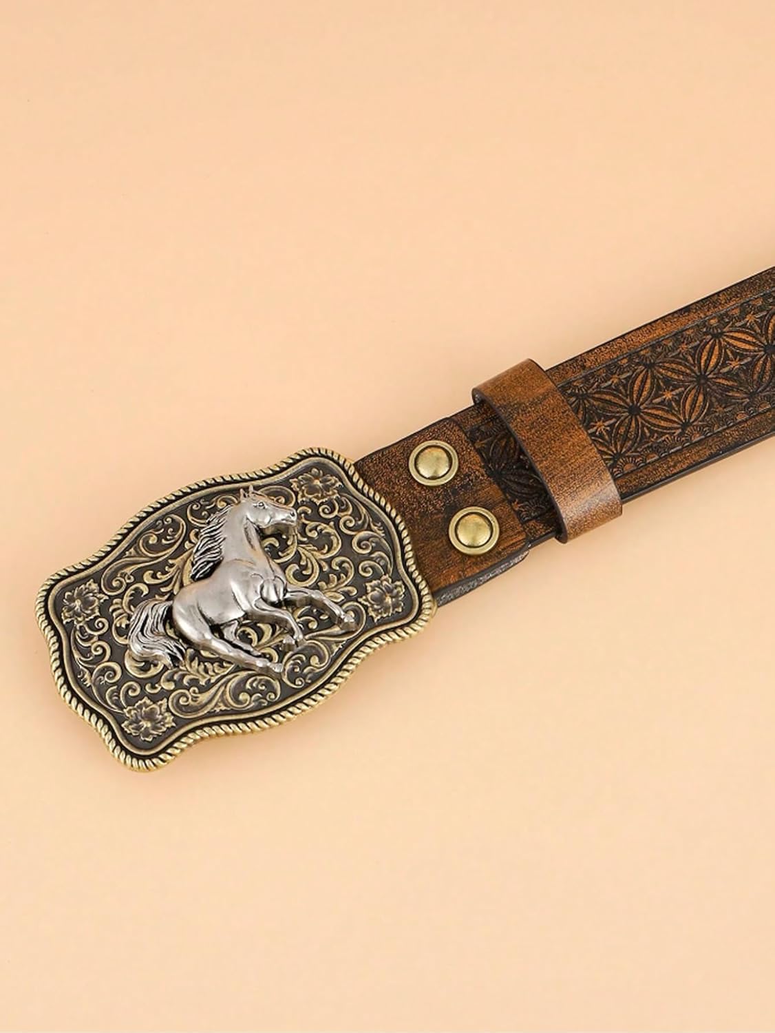 Mens Western Cowboy Leather Belts, Genuine Leather belts, Horse Pattern, Floral Engraved Buckle Belt - Image 3