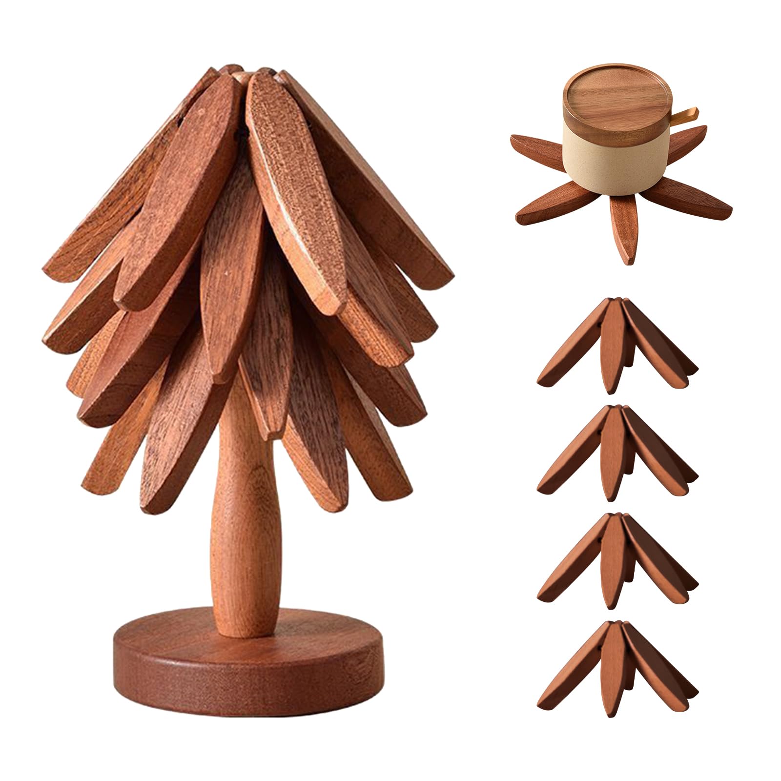 Sottopentola per pentole calde e padelle, sottopentola in legno a forma di albero, sottopentola per pentole calde (4 sottopentola in legno + 1 supporto), tovagliette creative a forma di albero di