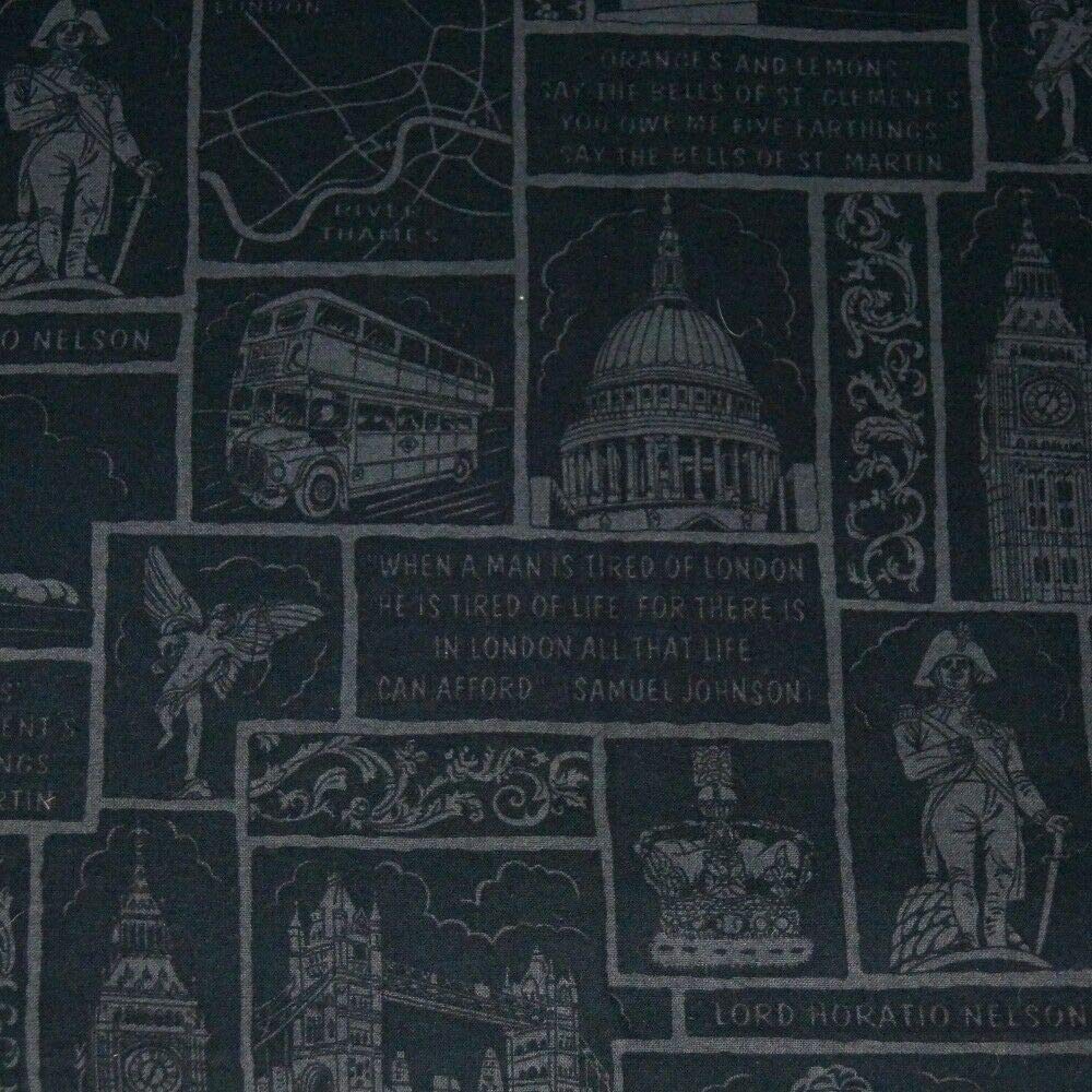 Nutex Black Fat Quarter London Icons 100% Cotton Quilting Fabric - Charcoal On