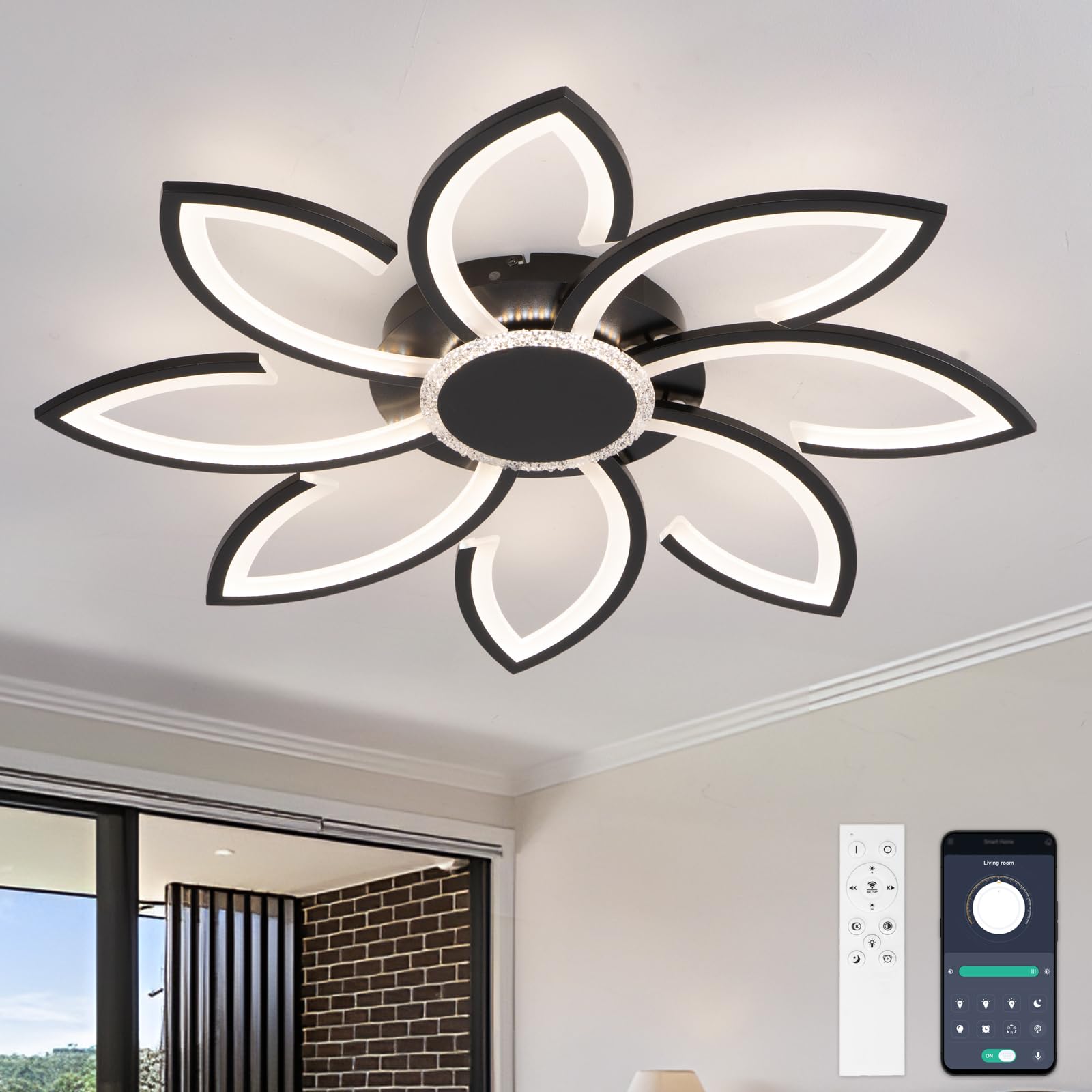YUNLONG Led Ceiling Light with Remote Control, 31.5" Chandeliers Ceiling Light Dimmable for Living Room, 98W, 8000LM, Ceiling Lighting Fittings Flower Shape Design for Lounge, Black