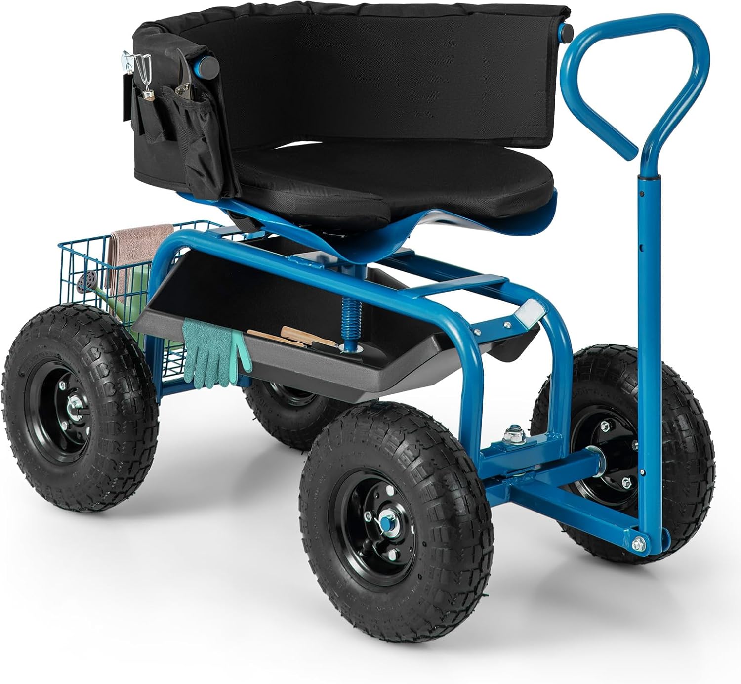 Garden Cart with Seat, Heavy-Duty Rolling Wagon Scooter with Wheels, Height Adjustable & 360° Swivel Seat, Storage Tray, Basket & Handle, Outdoor Gardening Work Seat for Patio Yard(Blue)