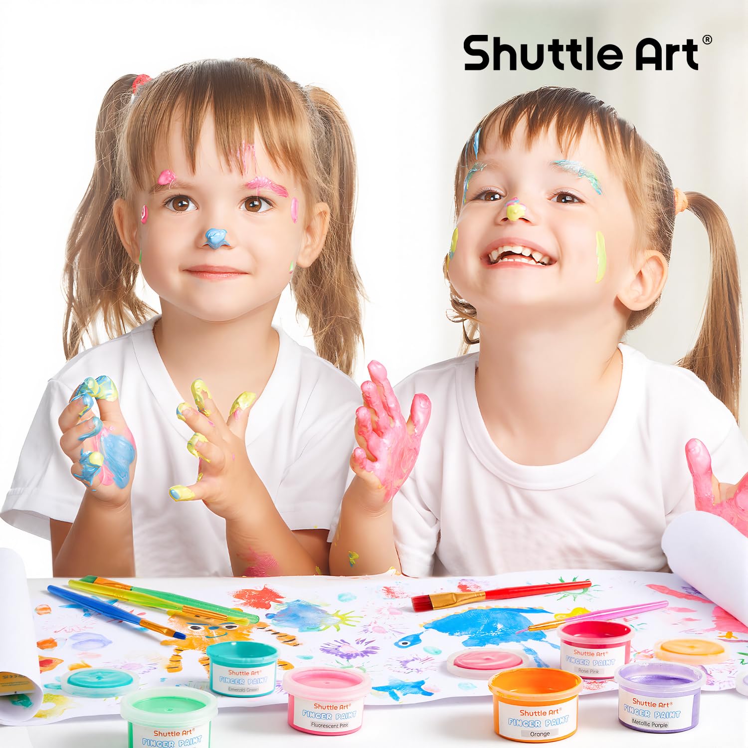 Shuttle Art Peinture au Doigt Enfant Lavable, 44PCS Kit Peinture Enfant 36 Couleurs(30ml) Peinture à Doigt pour Enfants Bas Âge, Pinceaux, Bloc, Palette, Peinture Bébé Non Toxique pour Jouets Dessin