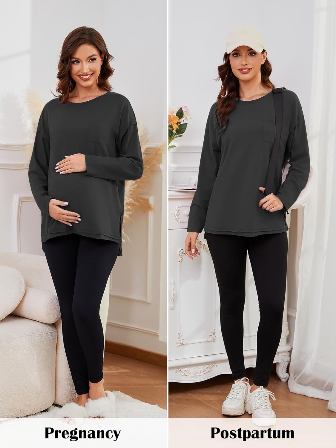 Ecavus Women's Oversized Maternity Shirts Long Sleeve Side Slit Pregnancy Tee with Pocket Fall Winter Mama Clothes - Image 2