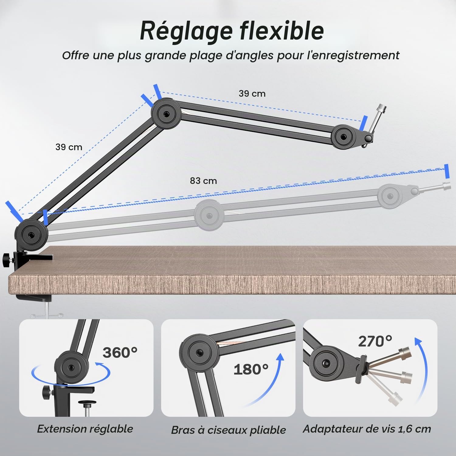 FIFINE Bras de Micro, Suspension Supports de Microphone, 3/8'' vers 5/8'' Vis Adaptateur, pour K658 AM8 K688 A8 et Autres Micros, pour Studio Enregistrement Vidéo