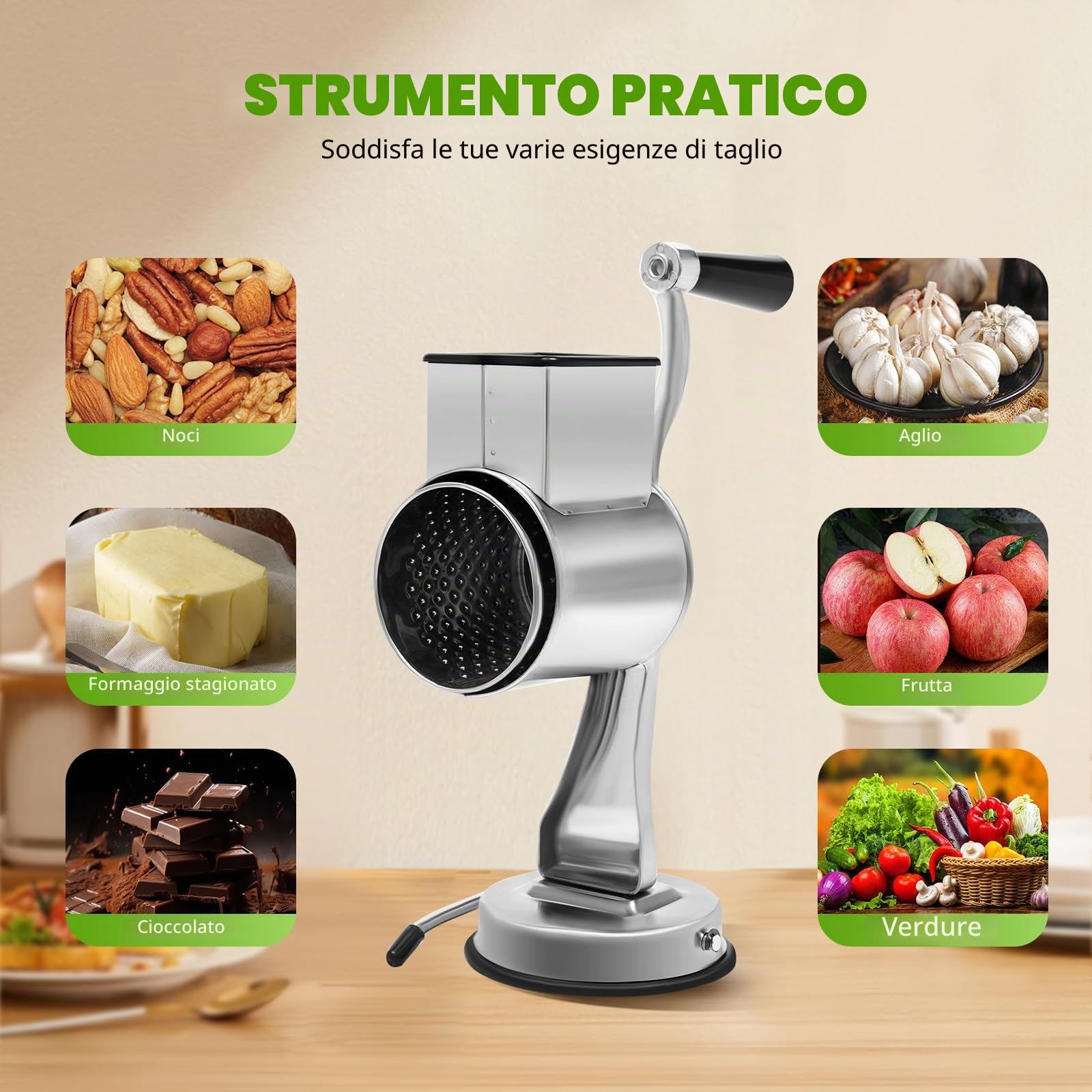 Grattugia a tamburo in acciaio inox, per patate, con 5 tamburi, ideale per cetrioli, formaggi e noci, carote