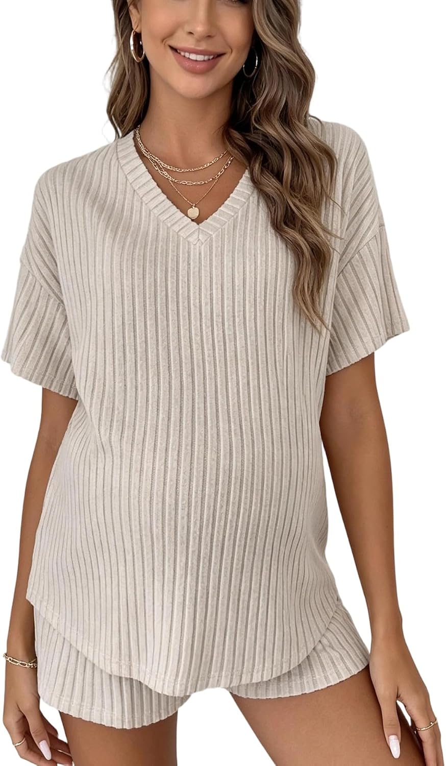 MakeMeChic Women's Maternity 2 Piece Outfits Summer Short Sleeve Rib Knit Tee Top and Short Lounge Sets Clothes