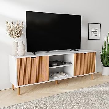 Stead Fluted TV Stand - Media Console & Console Table with Cord Management - Soft-Close Doors & Adjustable Shelves Storage Cabinet - Living Room Entertainment Center - 70-Inch White & Oak