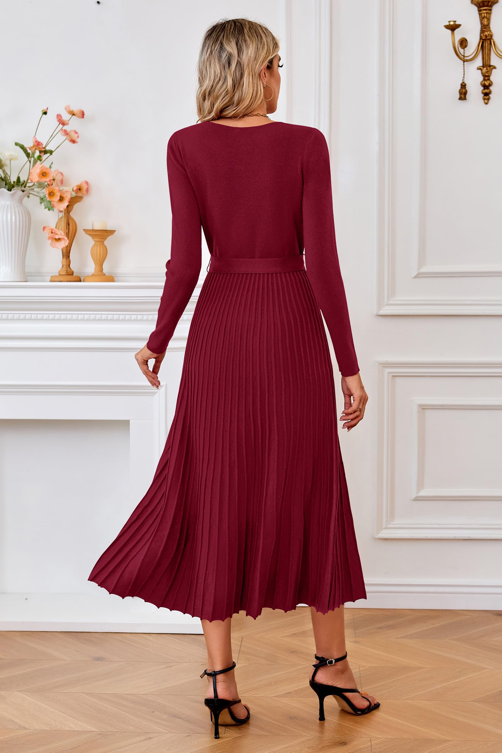Arach&Cloz Robes Femme Longues Automne Tricotée Robe à Manches Longue Elégante Plissée Col V Jupe Midi Souple Hiver