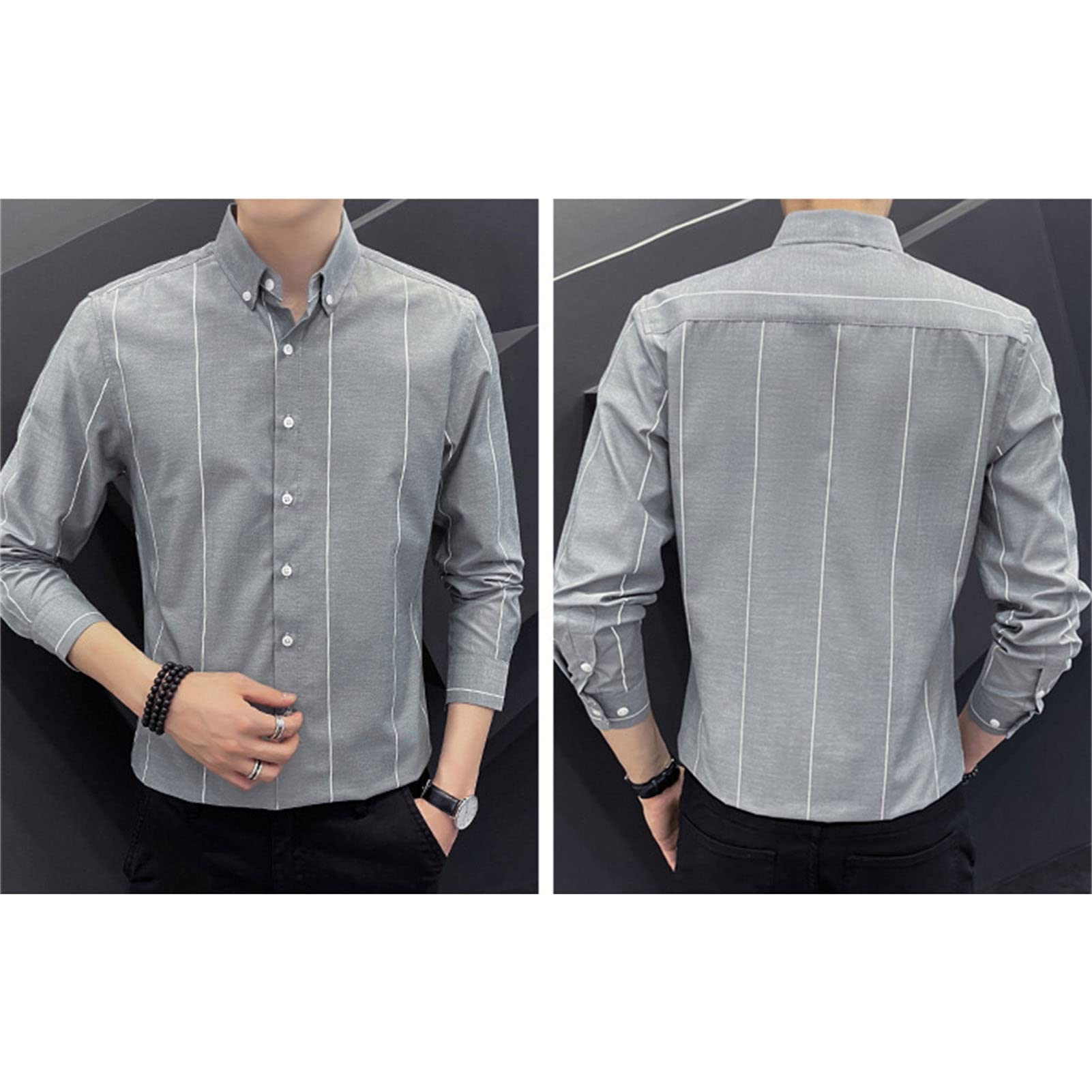Men Striped Long Sleeve Button Down Shirts Lightweight Turn-Down Collar Slim Shirts Stylish Business Dress Shirts (Blue,Large)