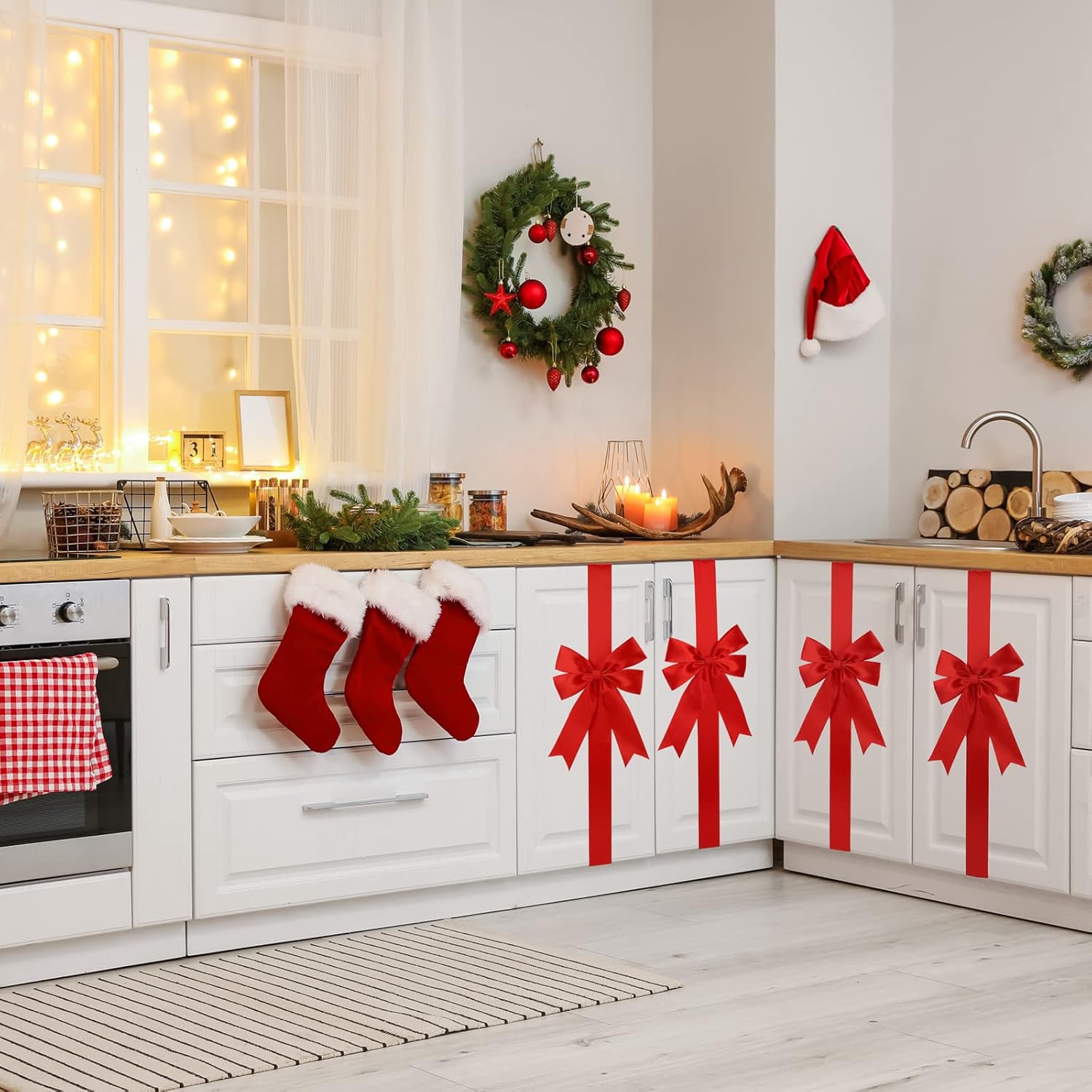 MCEAST 10 Large Christmas Red Ribbons Cabinet Door Bows for Festive Party Supplies, 10 x 87 Inches
