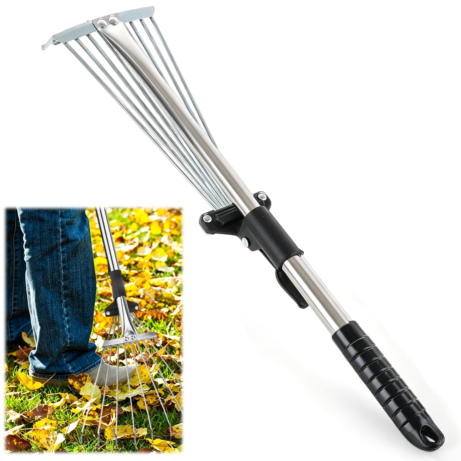 ASelected 1Pack Garden Rake, 55-75cm Adjustable Leaf Rake Stainless Steel Grass Rake for Lawn, Lightweight Rake for Gardening
