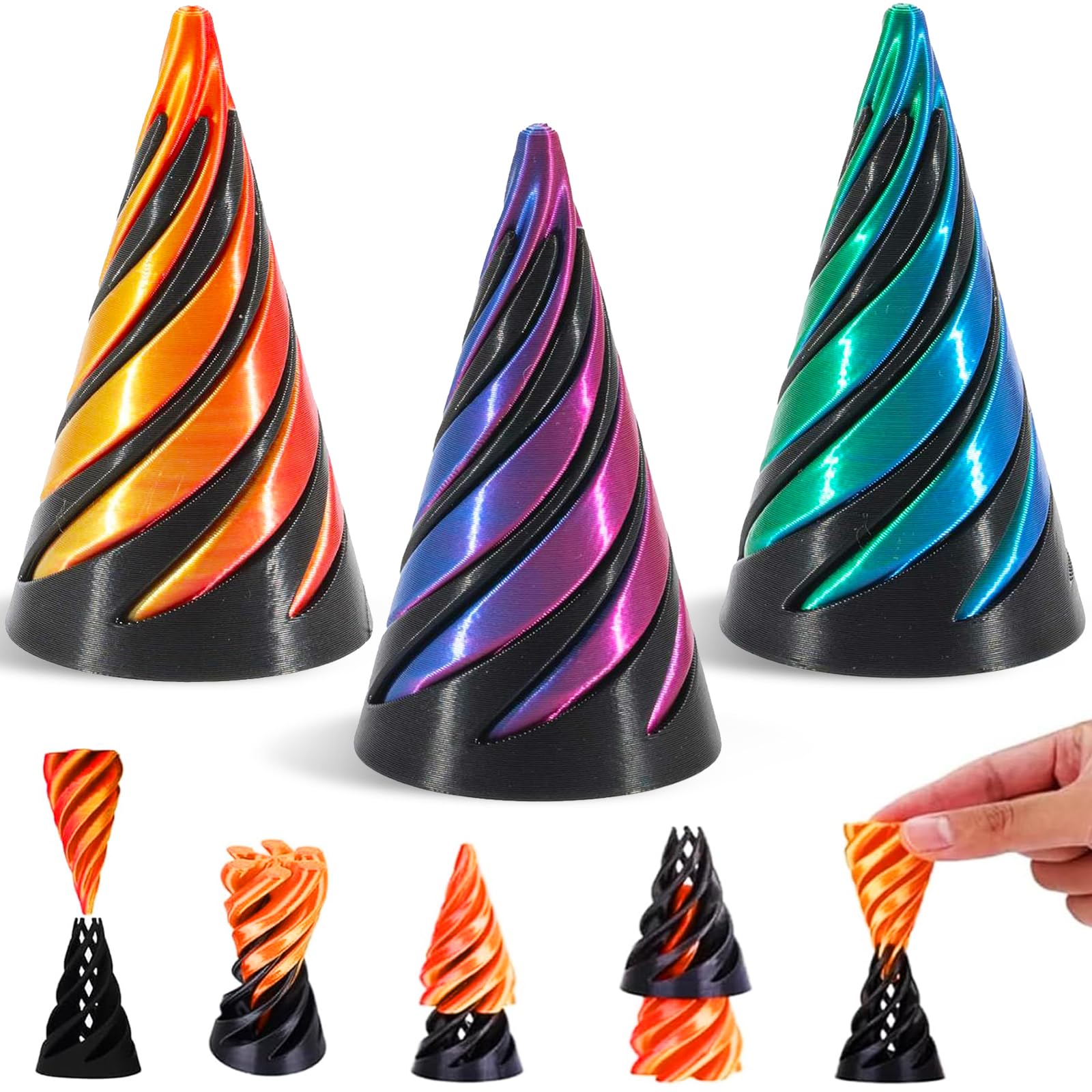 3D Printed Spiral Cone Toy - Pyramid fidget Toy for Relief of Stress Pyramid Passthrough Sculpture Fidget Toys for Kids and Adults, Desktop Decoration for Home Office Desk, 3PCS