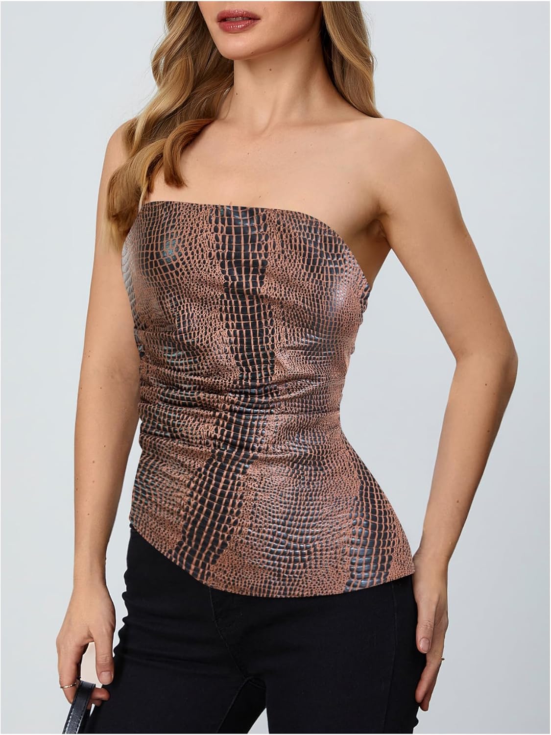 MakeMeChic Women's Leather Corset Tops Strapless Tube Asymmetrical Ruched Backless Crop Going Out Tops - Image 3