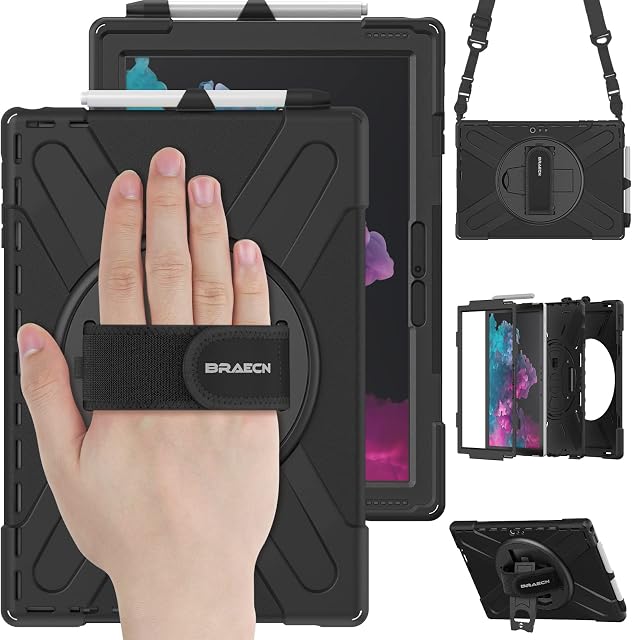 BRAECN Case for Microsoft Surface Pro 7 Plus/Pro 7/Pro 6/Pro 5/Pro 4/Pro LTE 12.3 inch, Sturdy and Durable cover with Pencil Holder/Hand Strap/Kickstand/Shoulder Strap, Black
