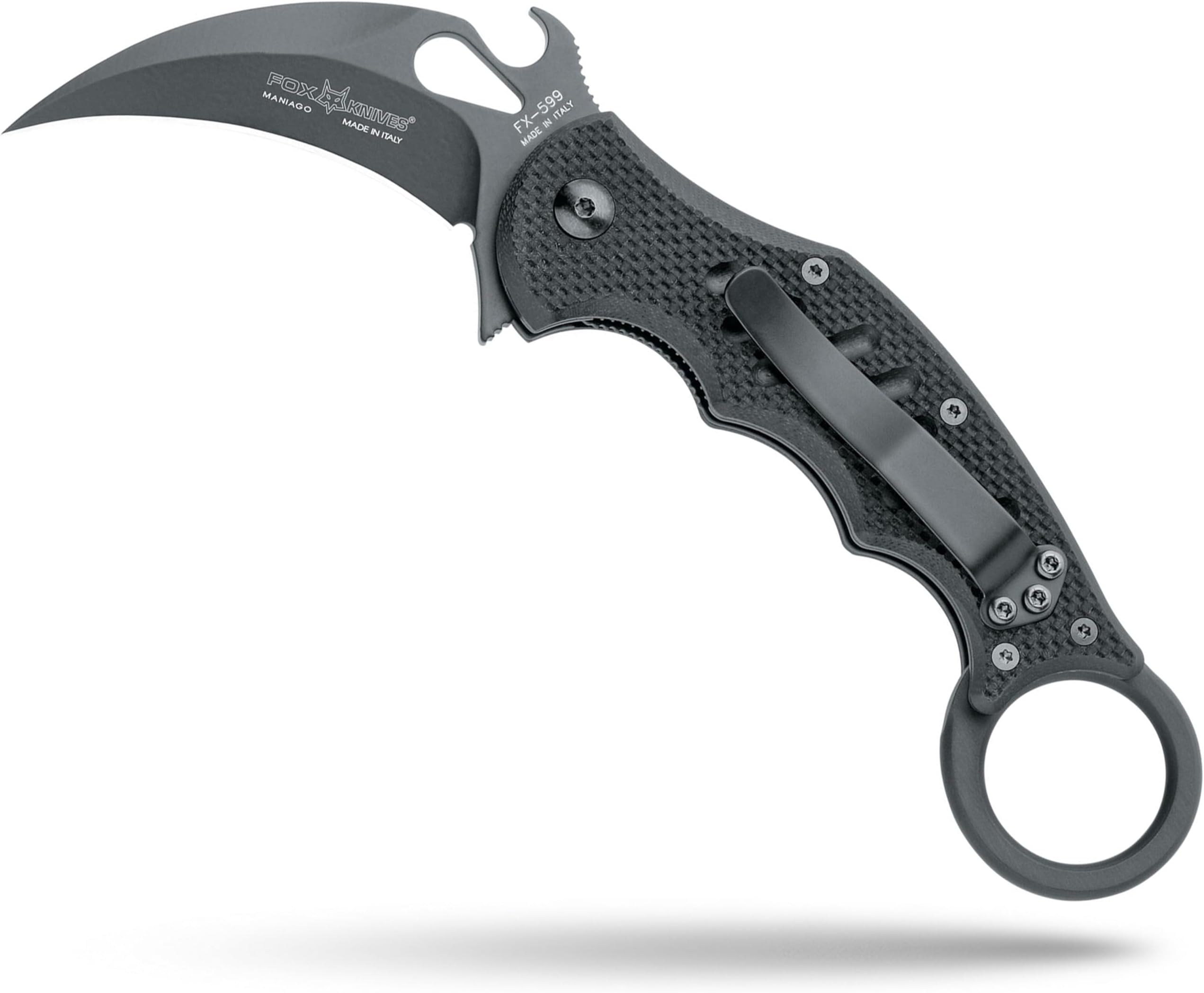 Fox Knives FX-599 G10 Black Emerson Wave Folding Karambit, Rapid One-Handed Deployment, Teflon Coating, Black Idroglider Blade Finish, Pocket Clip