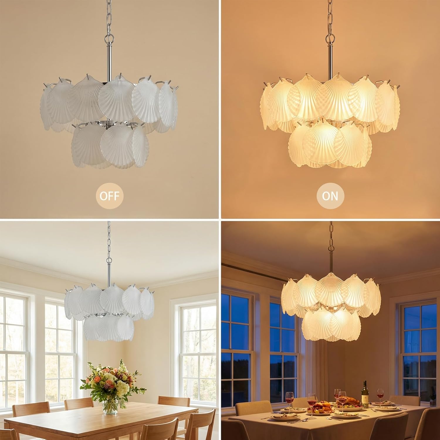 Round Seashell Chandelier 5-Light 2 Layer Glass Shell Chandelier Adjustable Height Art Deco Coastal Ceiling Light Fixture for Dining Rooms Living Room
