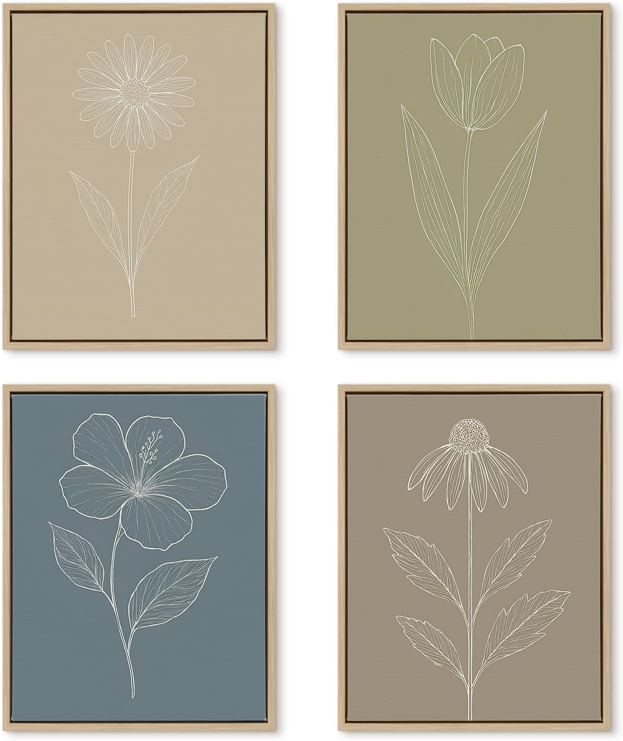 DAJONART Neutral Boho Botanical Wall Art Set of 4, Sage Green Abstract Prints Framed Canvas for Kitchen, Japandi, and Earth Tone Home Decor, Abstract Boho Wall Decor, Botanical Canvas Art,11x14 in