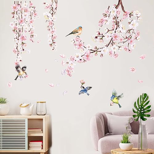 Miniatura 3 de decalmile Pegatinas de pared de ramas de cerezo en flor rosa, pájaros, calcomanías de pared para dormitorio, sala de estar, TV, decoración del hogar