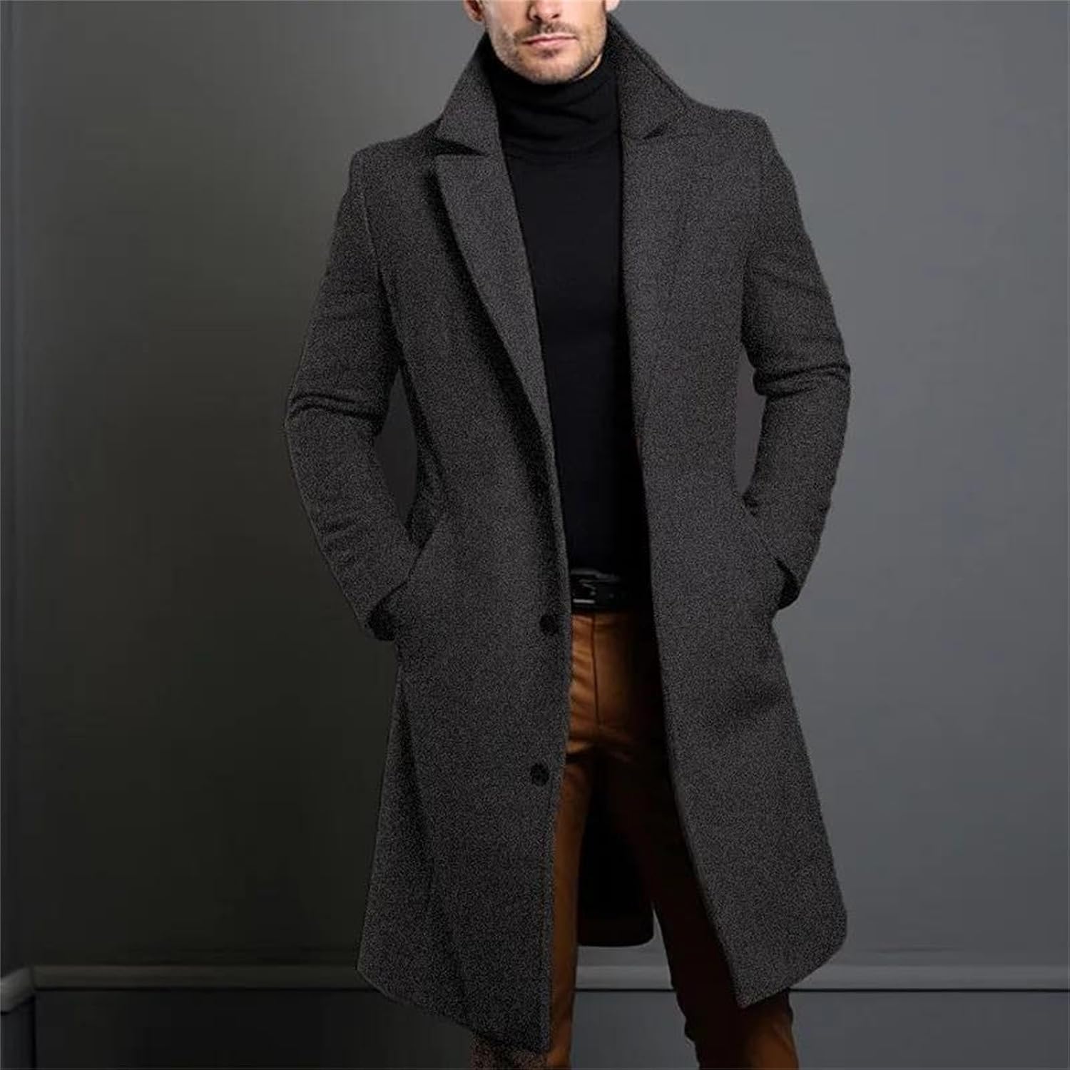 Men's Winter Long Wool Blend Trench Coat Solid Casual Turn-Down Collar Warm Overcoat Male Jacket