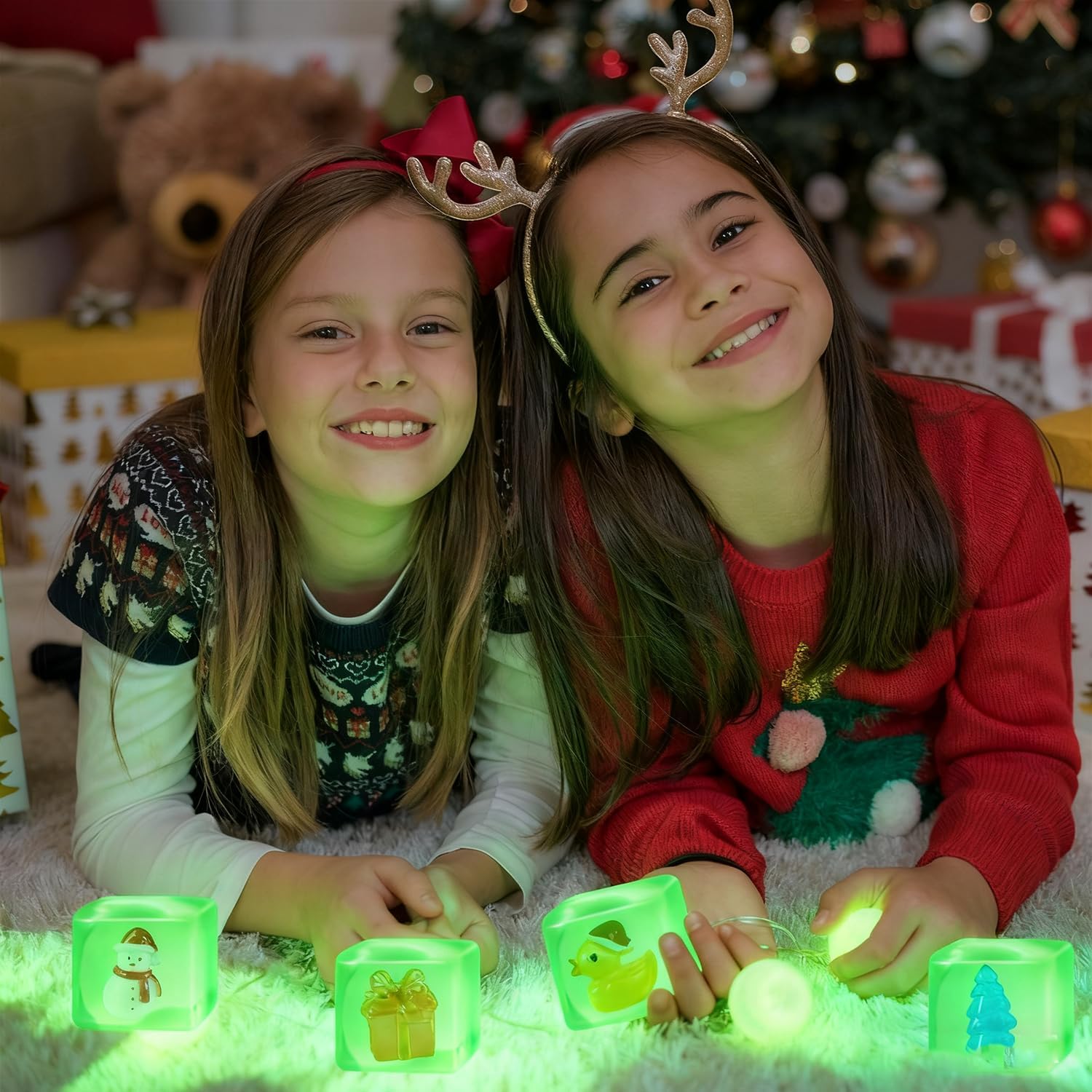 4 Pack Squishy Stress Cube Fidget Toys for Adults, Glow in The Dark Sensory Toys with Autism Stress Balls Squeeze Toys, Squishy Cube with Santa Claus, Christmas Tree, Gift Box, Duck (Green) - Image 5