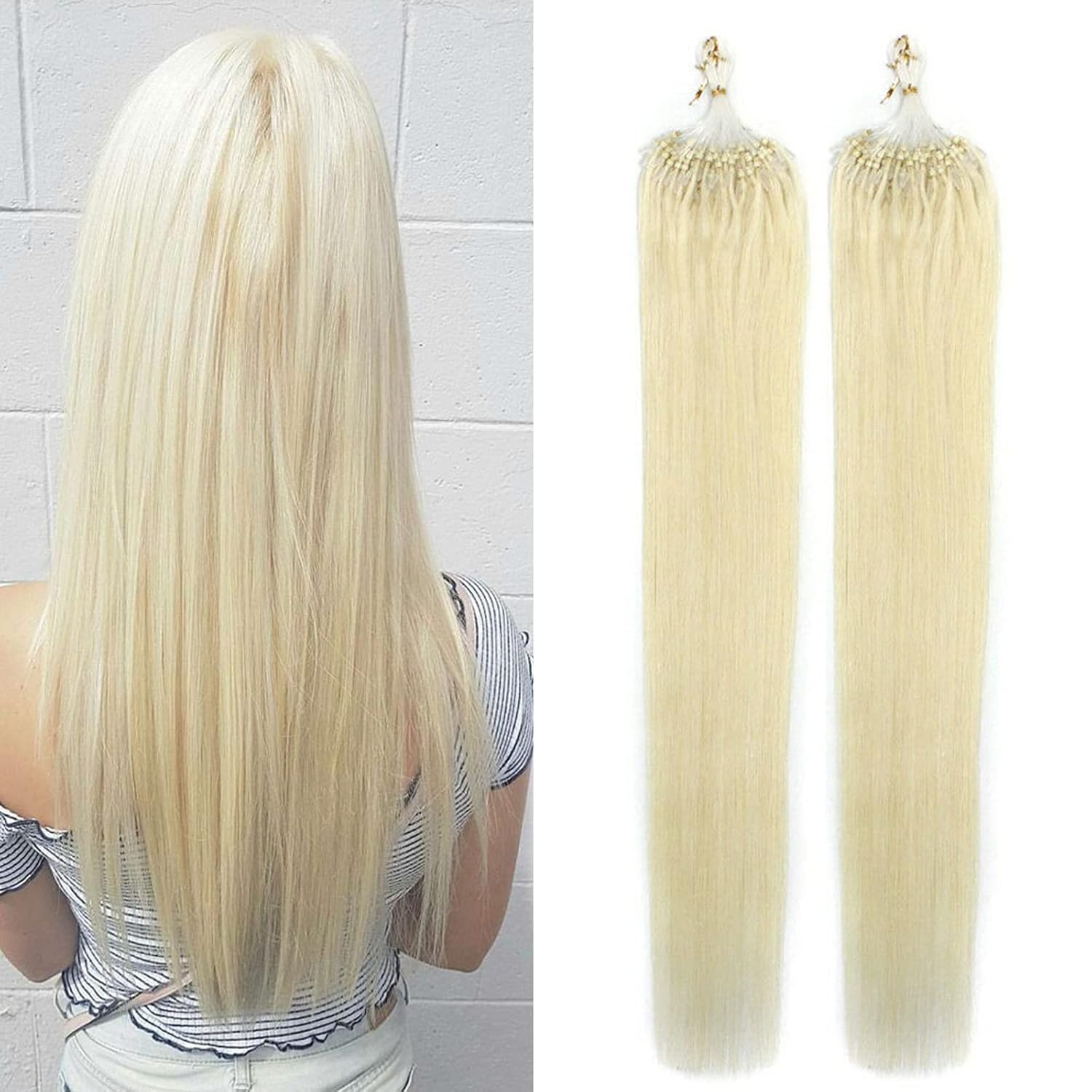 100% Remy Human Hair Extensions Micro Ring Loop Bead Tipped Hair 16''18''20''100S (Platinum Blonde 60, 22Inch 0.5g/s)