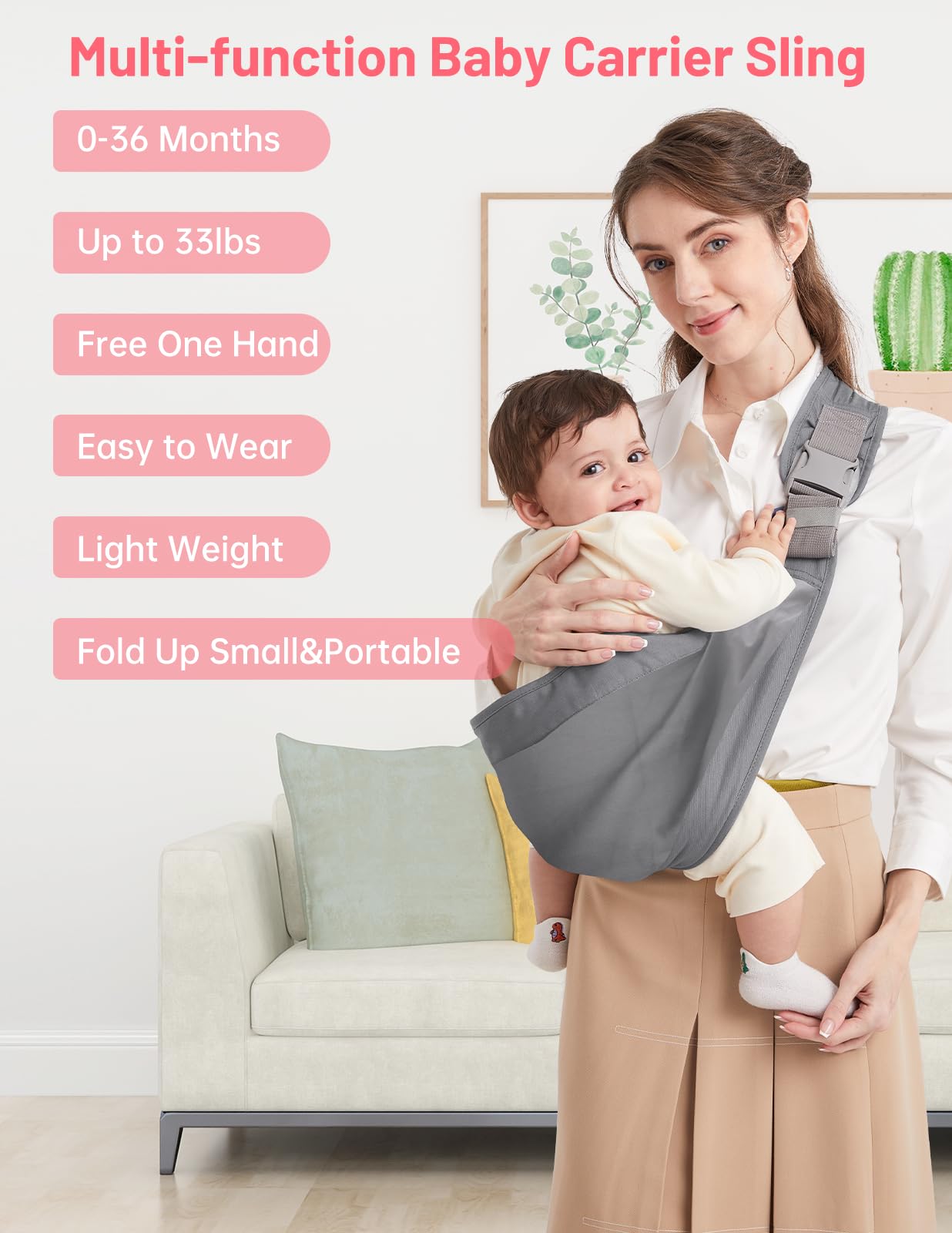 Fascia Porta Bebe, Marsupio Neonato Mumgaroo, Fascia Neonato Multifunzionale On the Go,Marsupio Neonato 0-36 mesi, Tutte le Stagioni, Fino a 15kg, Grigio