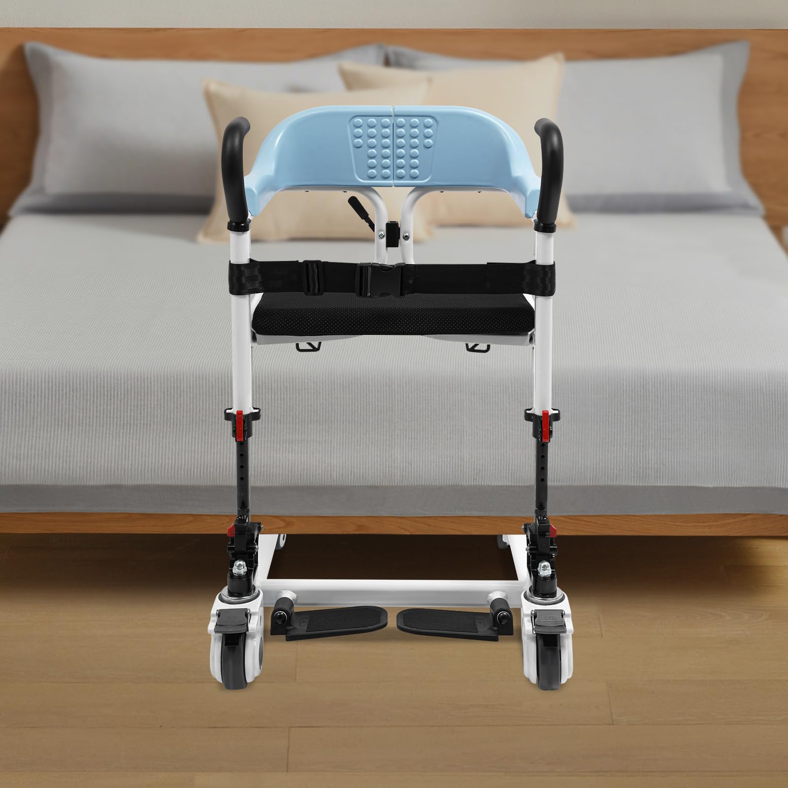 Silla de traslado, silla de transporte para pacientes, con asiento dividido de 180° y ruedas para hospitales, residencias de ancianos, centros de rehabilitación