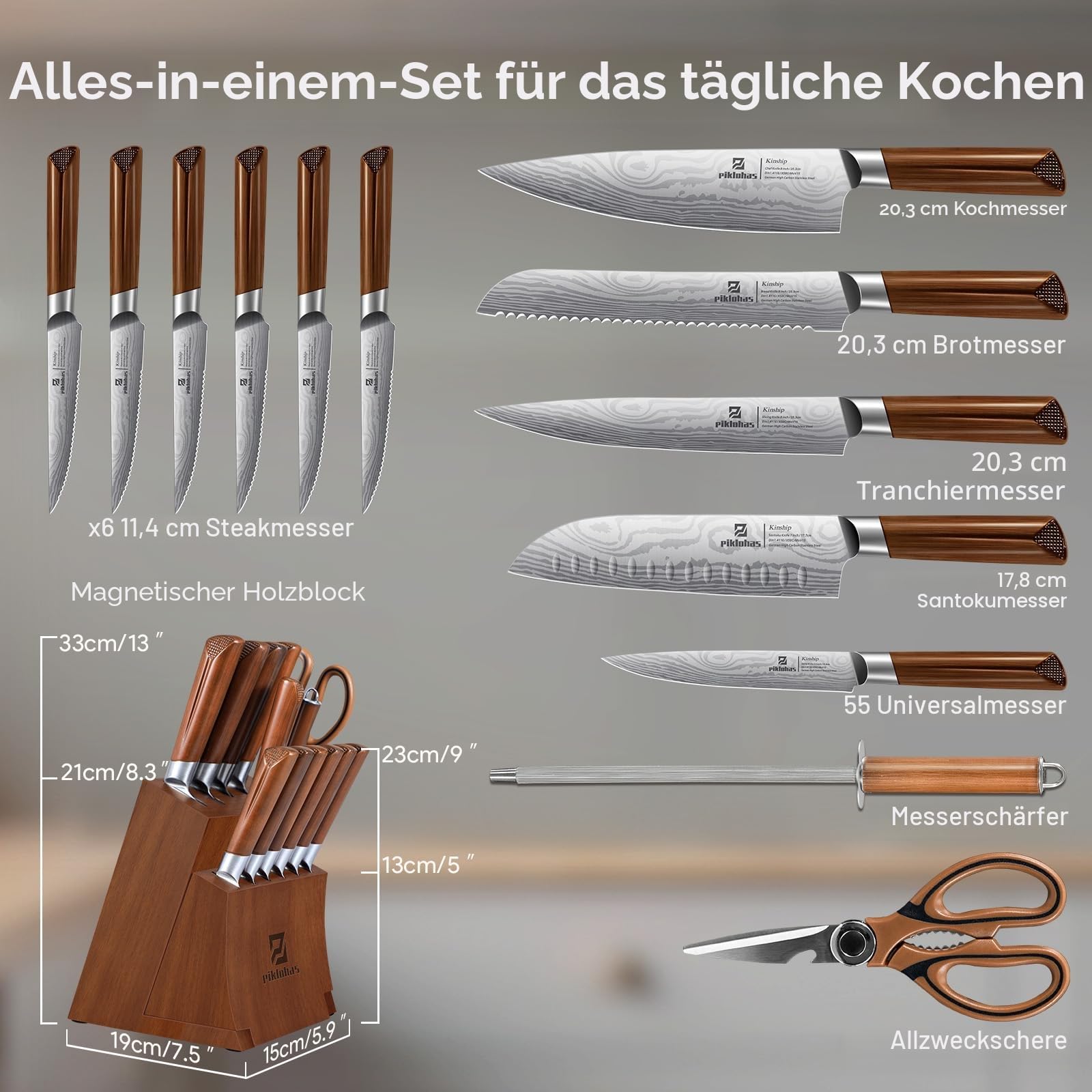 Küchenmesser-Sets mit Block, Piklohas 15 Stück Messersets mit magnetischem, abnehmbarem Messerhalter, Hartstahl Damastmuster, Kochmesserset mit Steakmessern, ideal für Hauseinweihungsgeschenk