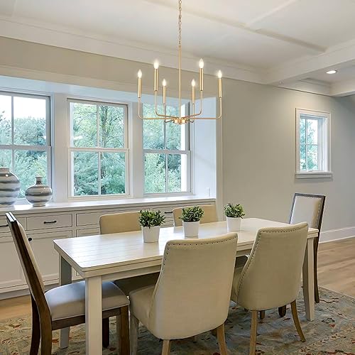 Miniatura 2 de Candelabro moderno dorado para comedor, 6 lámparas de cocina de metal, lámpara colgante de vela de granja para sala de estar, entrada, vestíbulo,