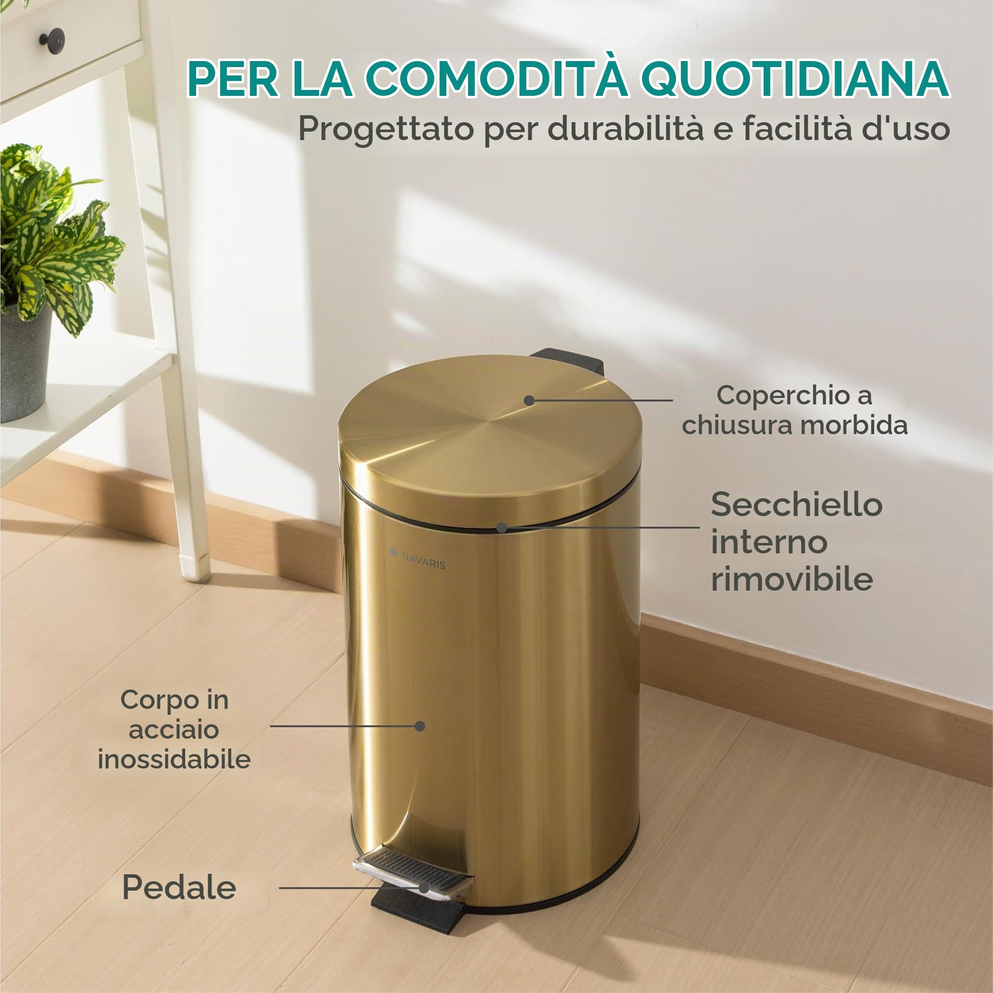 Navaris Cestino Bagno - Bidoncino Spazzatura 12 L - Pattumiera da Bagno Cucina e Ufficio - Cestino Rifiuti con Coperchio e Pedale - Bidone Umido con Secchio Interno Rimovibile - Oro