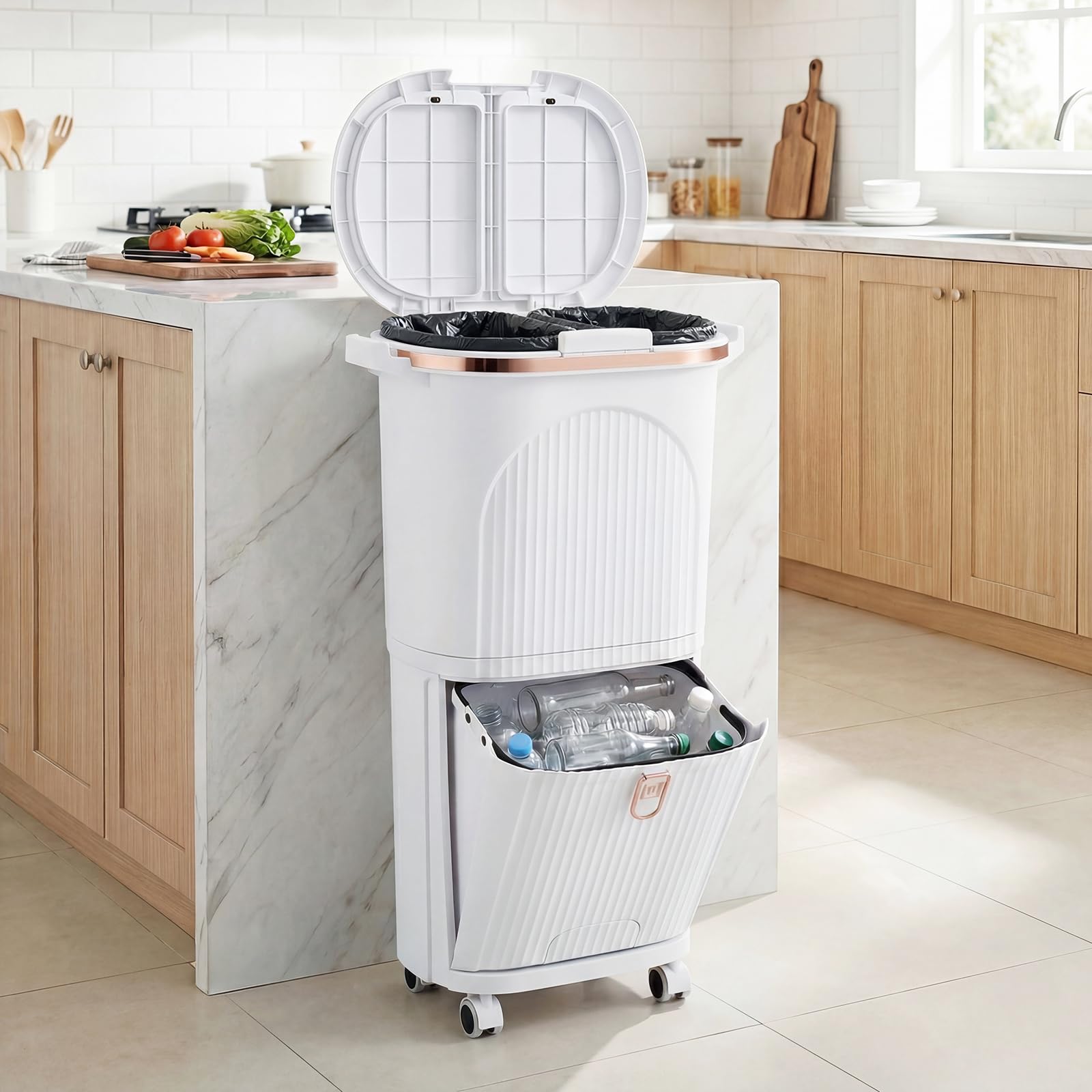 GIANTEX kosz na śmieci do kuchni 3 komory, system segregacji odpadów z 2 x 12 l koszem wewnętrznym i 14 l koszem na śmieci z pedałem, kosz na śmieci na kółkach, kosz na śmieci z pokrywą i pedałem
