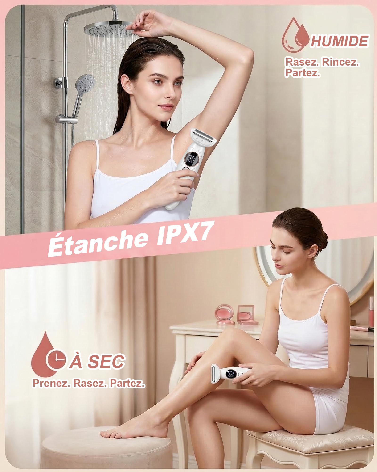 Carehabi Rasoir Électrique Femme 5 en 1 & Tondeuse Bikini - Rasoir Intime Femme Étanche IPX7 pour Visage, Corps, Maillot & Sourcils - Lady Shaver Sans Fil avec Base de Charge USB